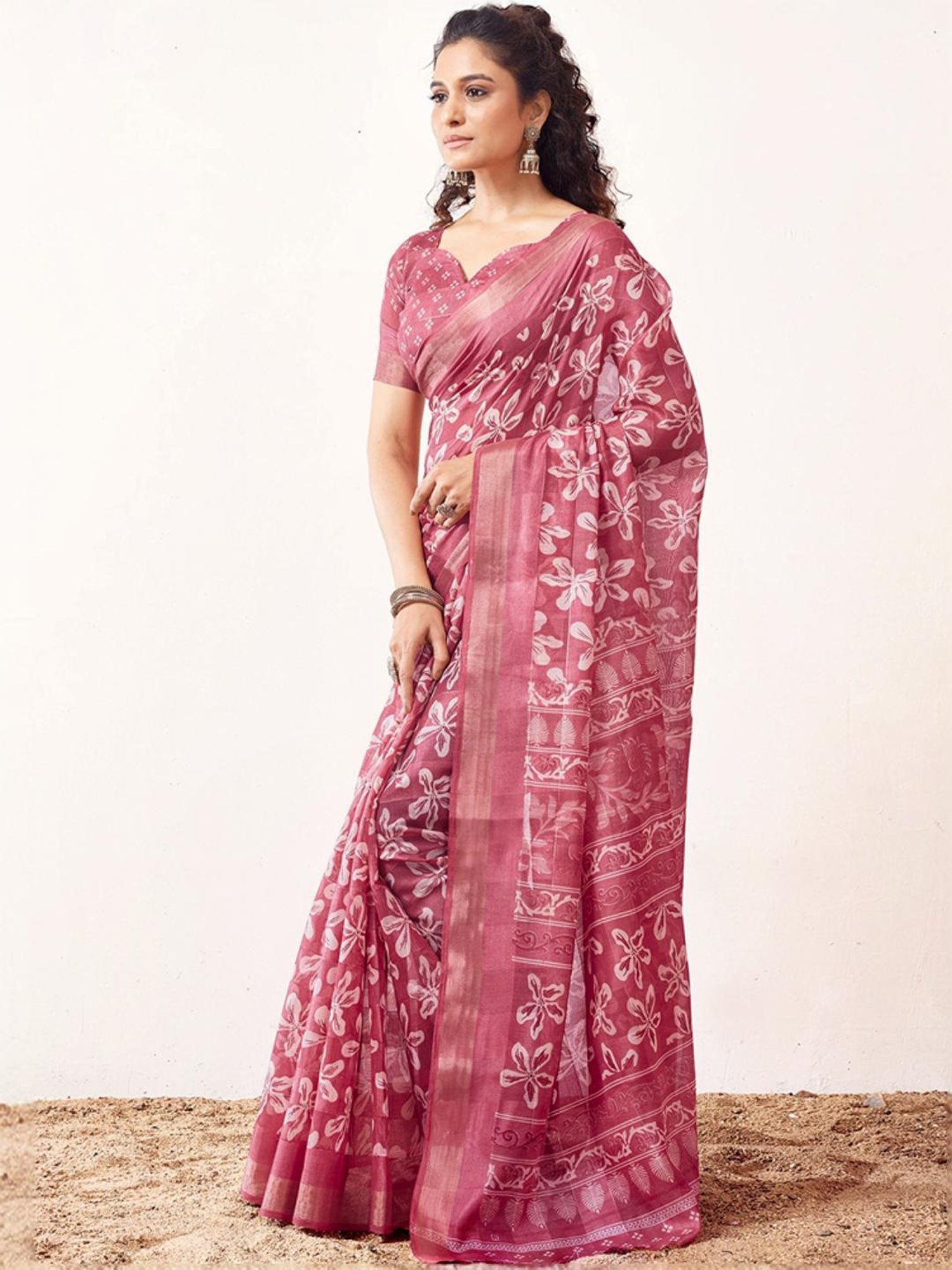 Satrani Pink Floral Print Saree With Unstitched Blouse