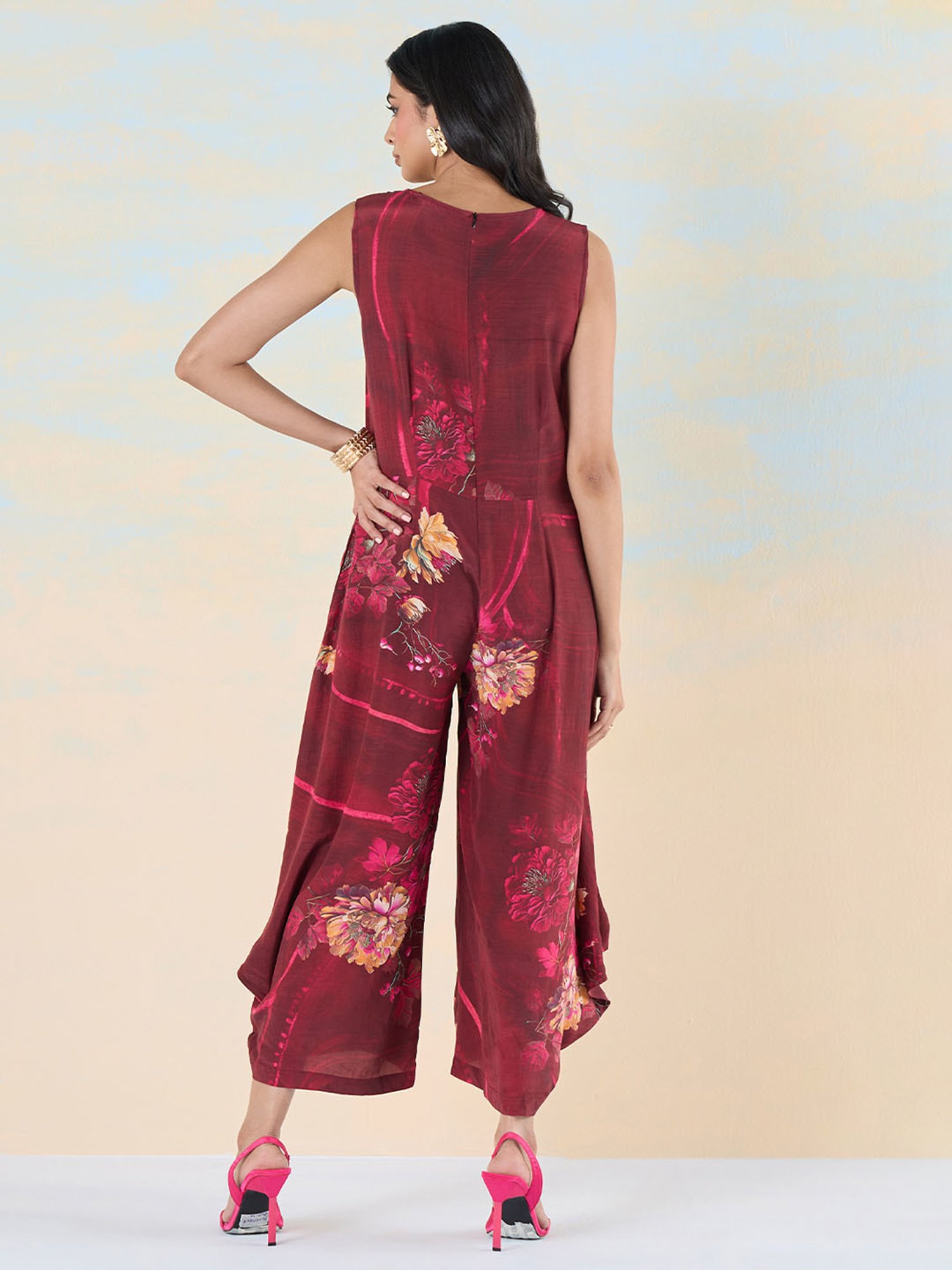 navyasa by liva Maroon Floral Print Jumpsuit