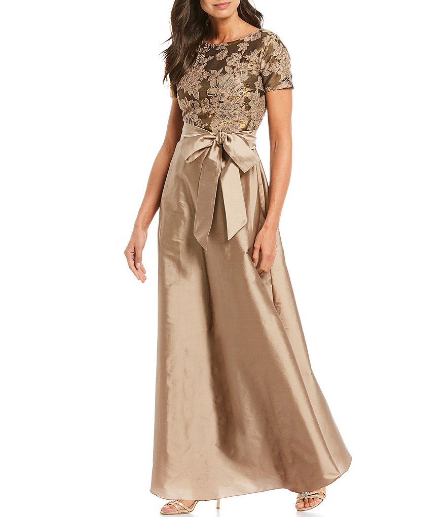 Pisarro Nights Floral Lace Bodice Taffeta Gown