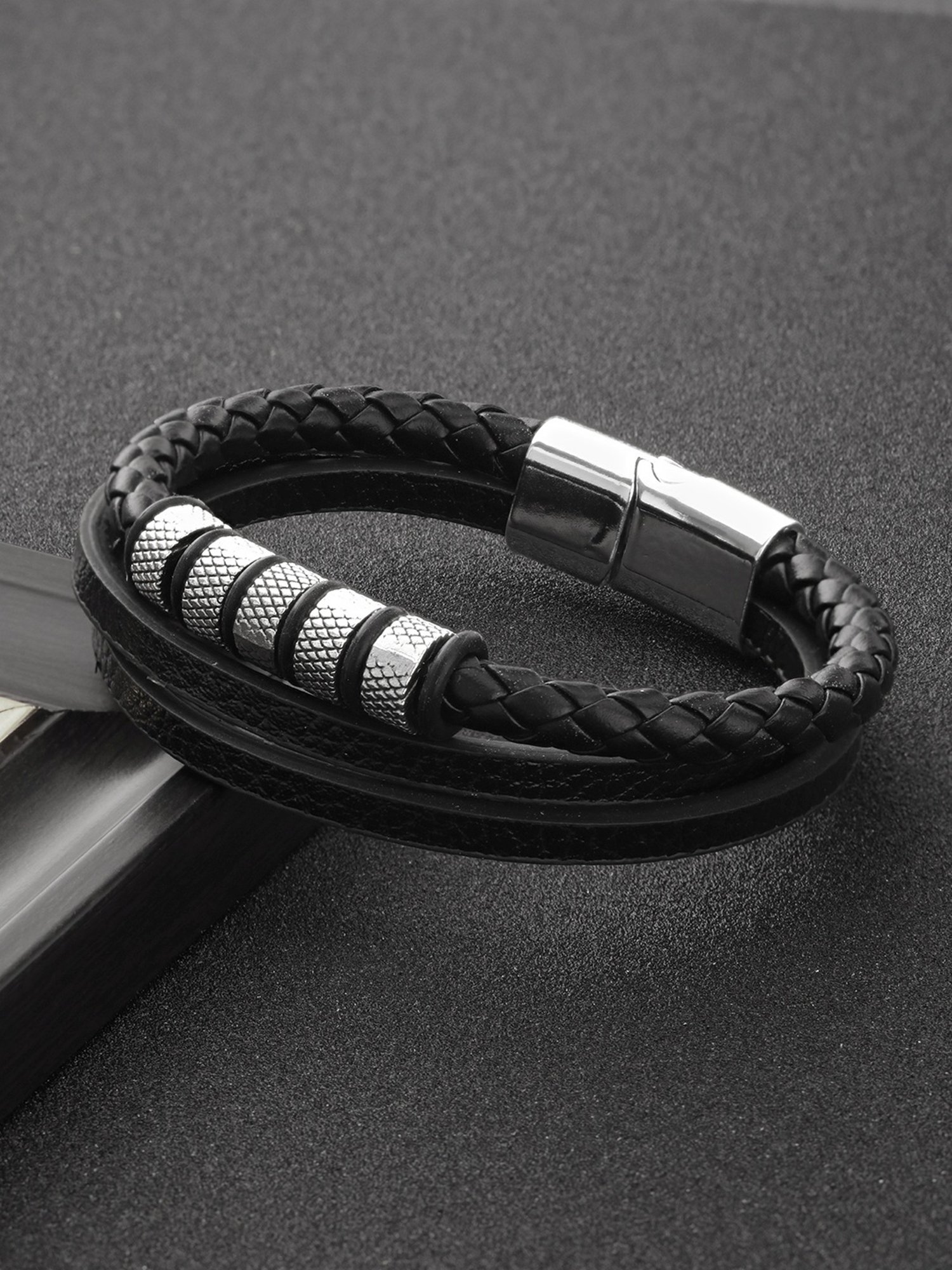 Aatmana Men Leather Black & Silver Wraparound Bracelet