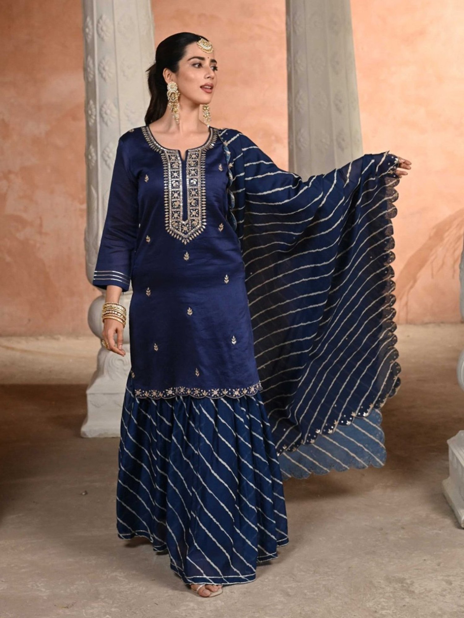 Mahee Jaipur Blue Mehak Lehariya Pure Chanderi Kurta with Sharara and Dupatta