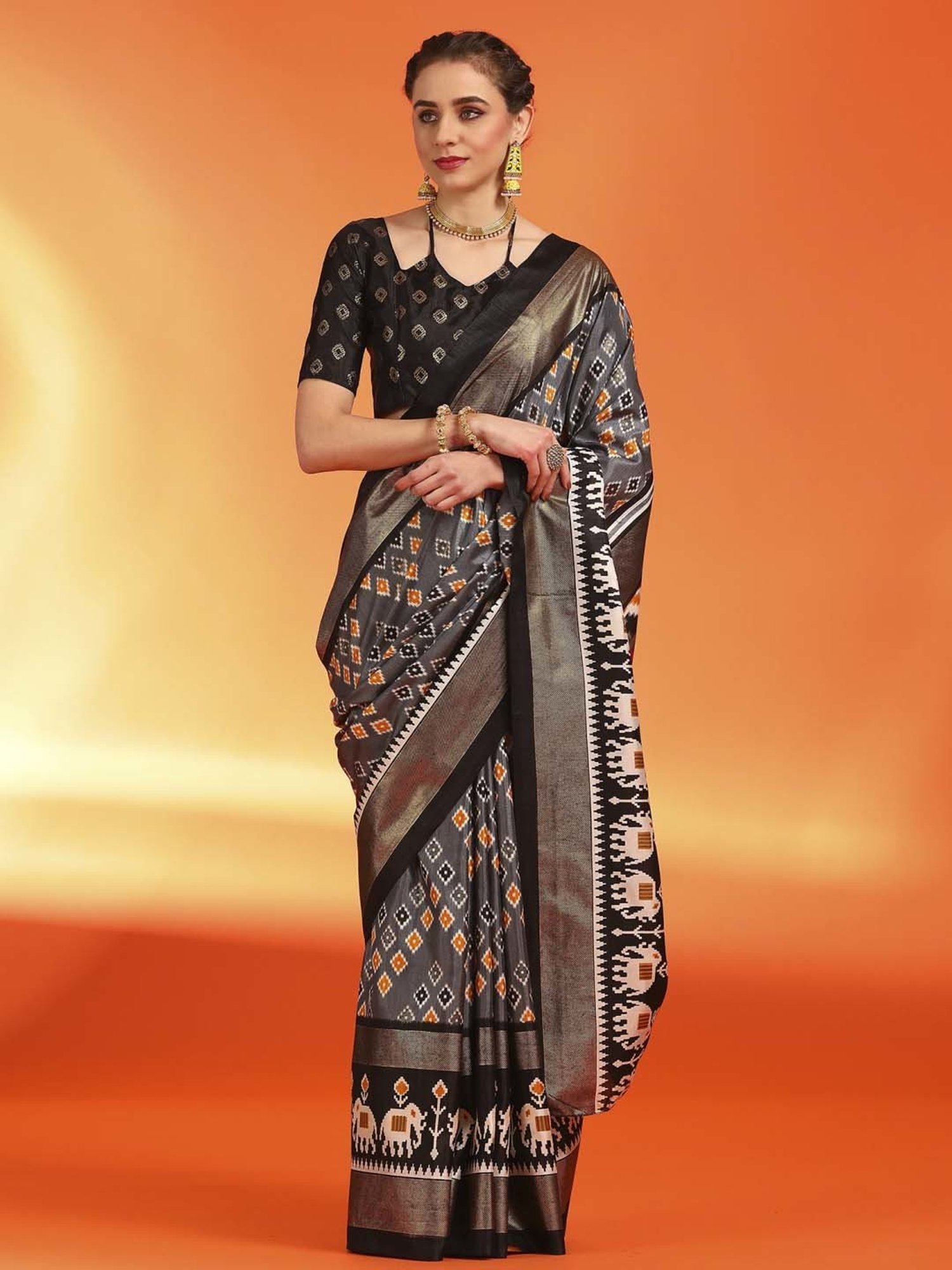 Saree Mall Grey Silk Printed Saree With Unstitched Blouse