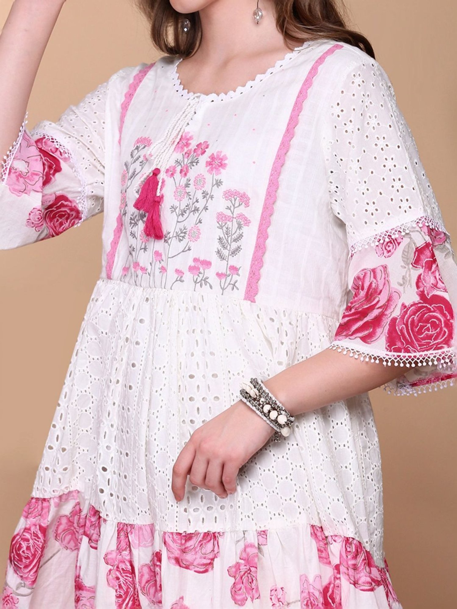 Ishin White & Pink Cotton Floral Print A-Line Dress