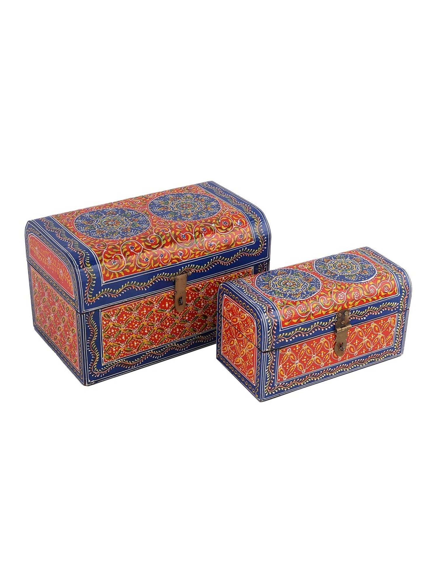 Aapno Rajasthan Red & Blue Wood Handpainted Multi-utility Storage Box - Set of 2