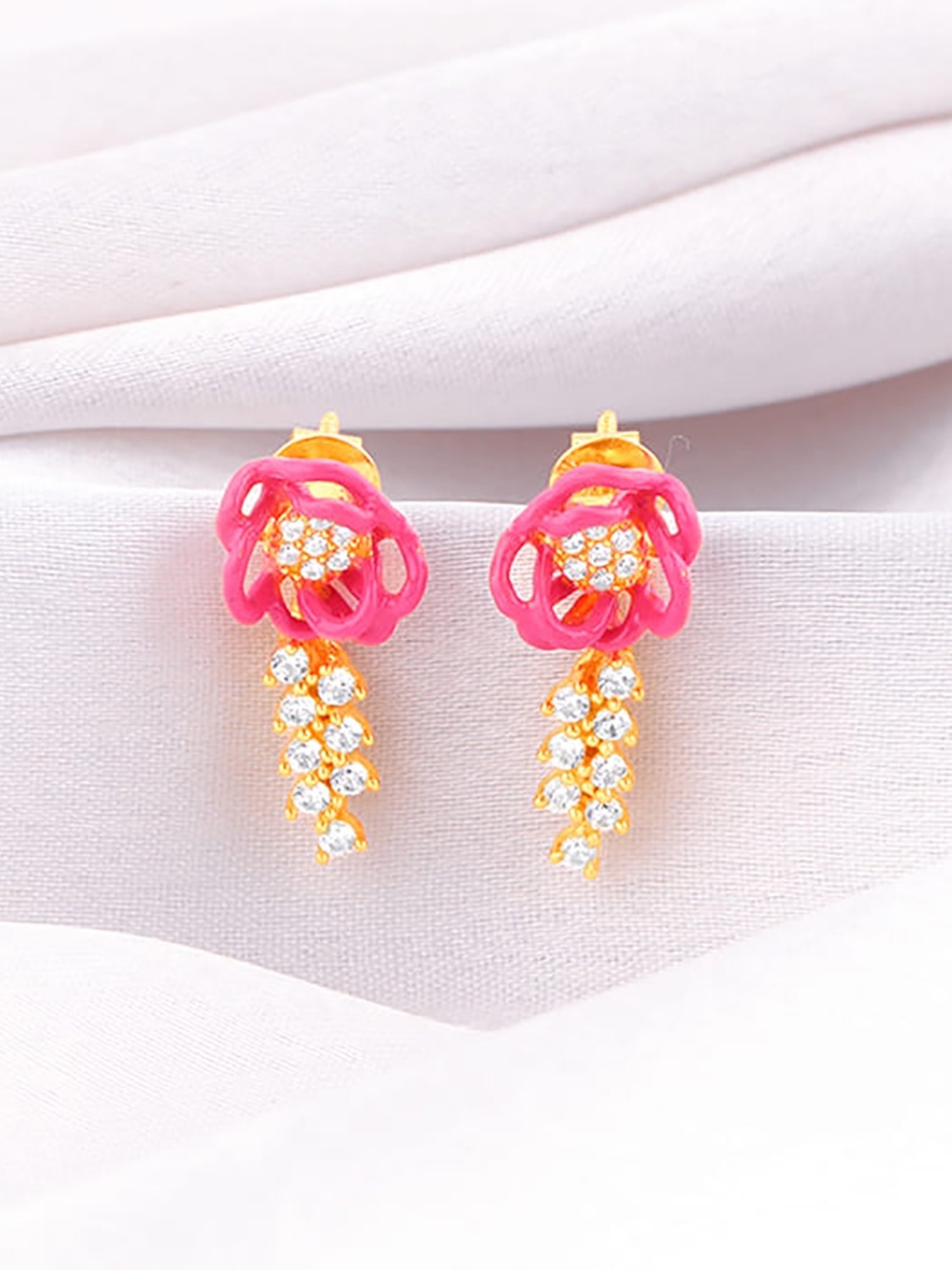 GIVA 92.5 Sterling Silver Bhumi Golden Hot Pink Brahma Kamal Drop Earrings