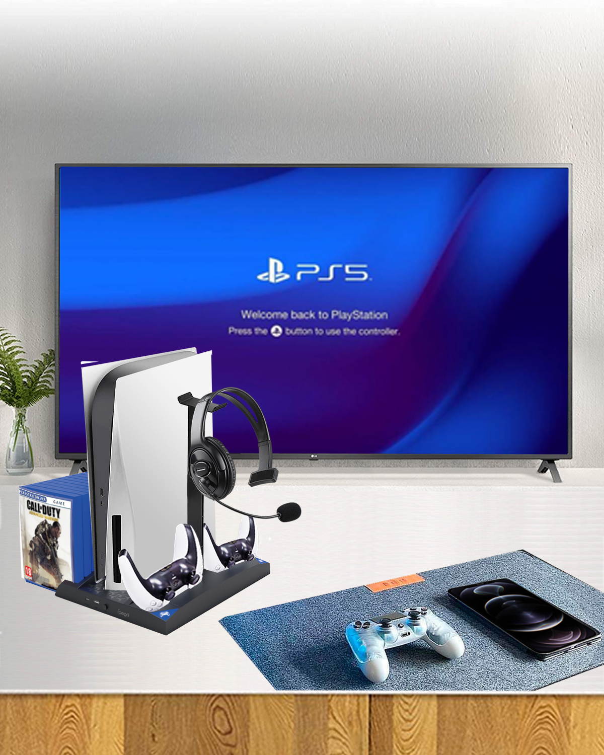 PS5 Cooling Stand with Headset Holder & Cooling Fan Base, Multifunctional Vertical Stand with 2 Controller Charging Station & LED Indicator & 17 Game Disc Slots for PS5 Console Digital Edition/UltraHD