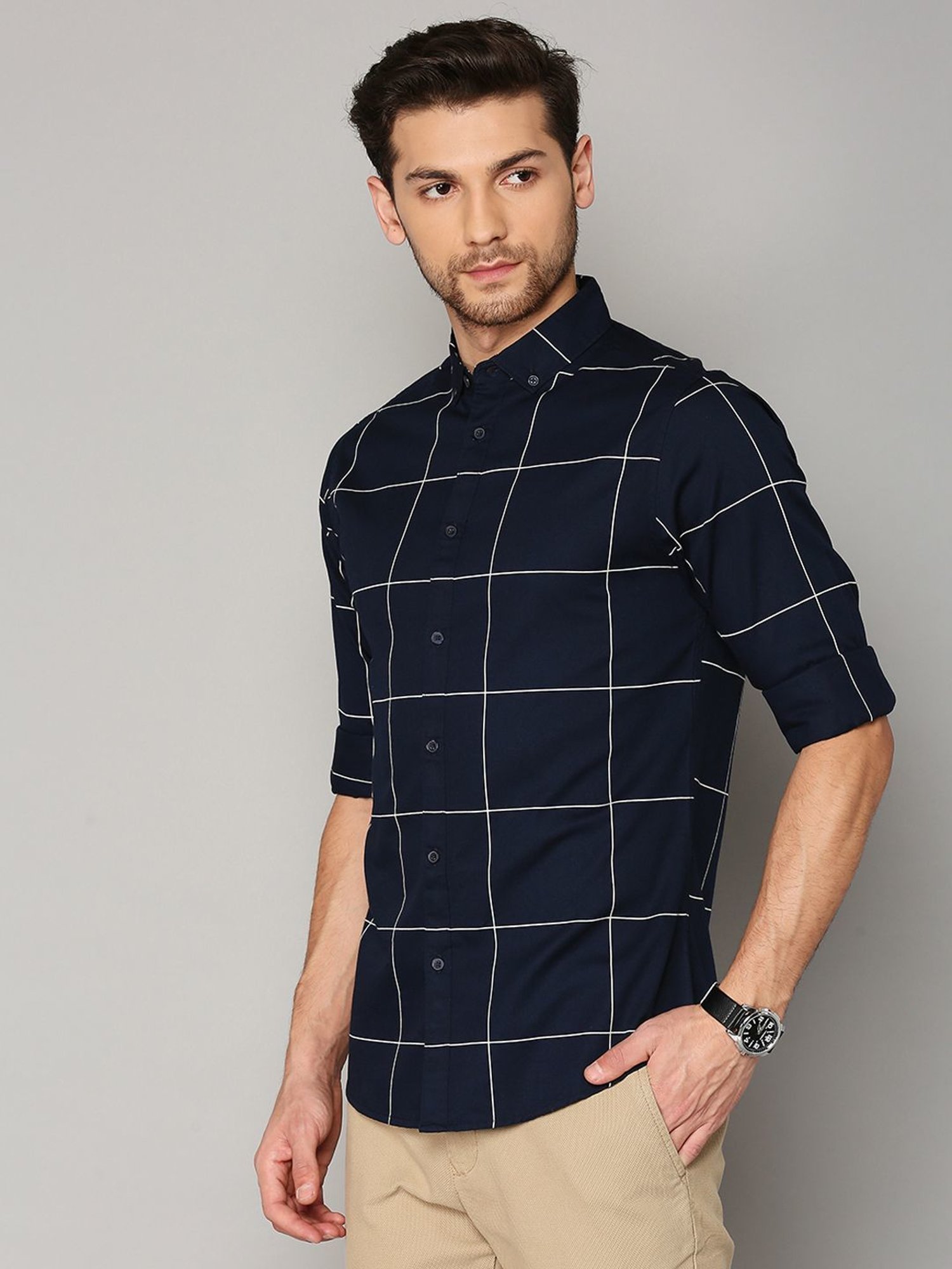 Dennis Lingo Navy Cotton Slim Fit Checks Shirt