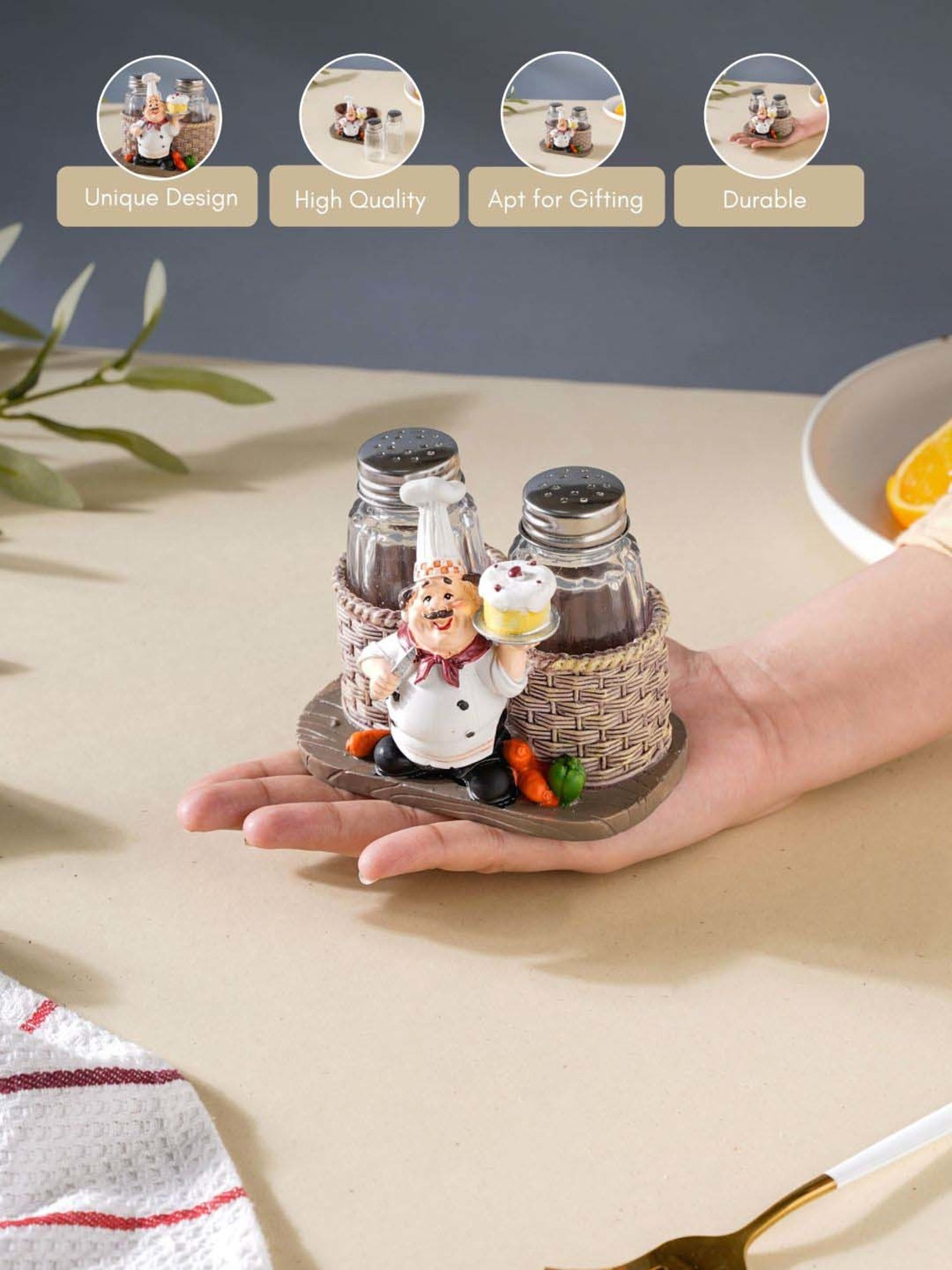 Nestasia Brown & White Resin Table Chef Decor Showpiece With Salt And Pepper Jars for Gifting (4.4")