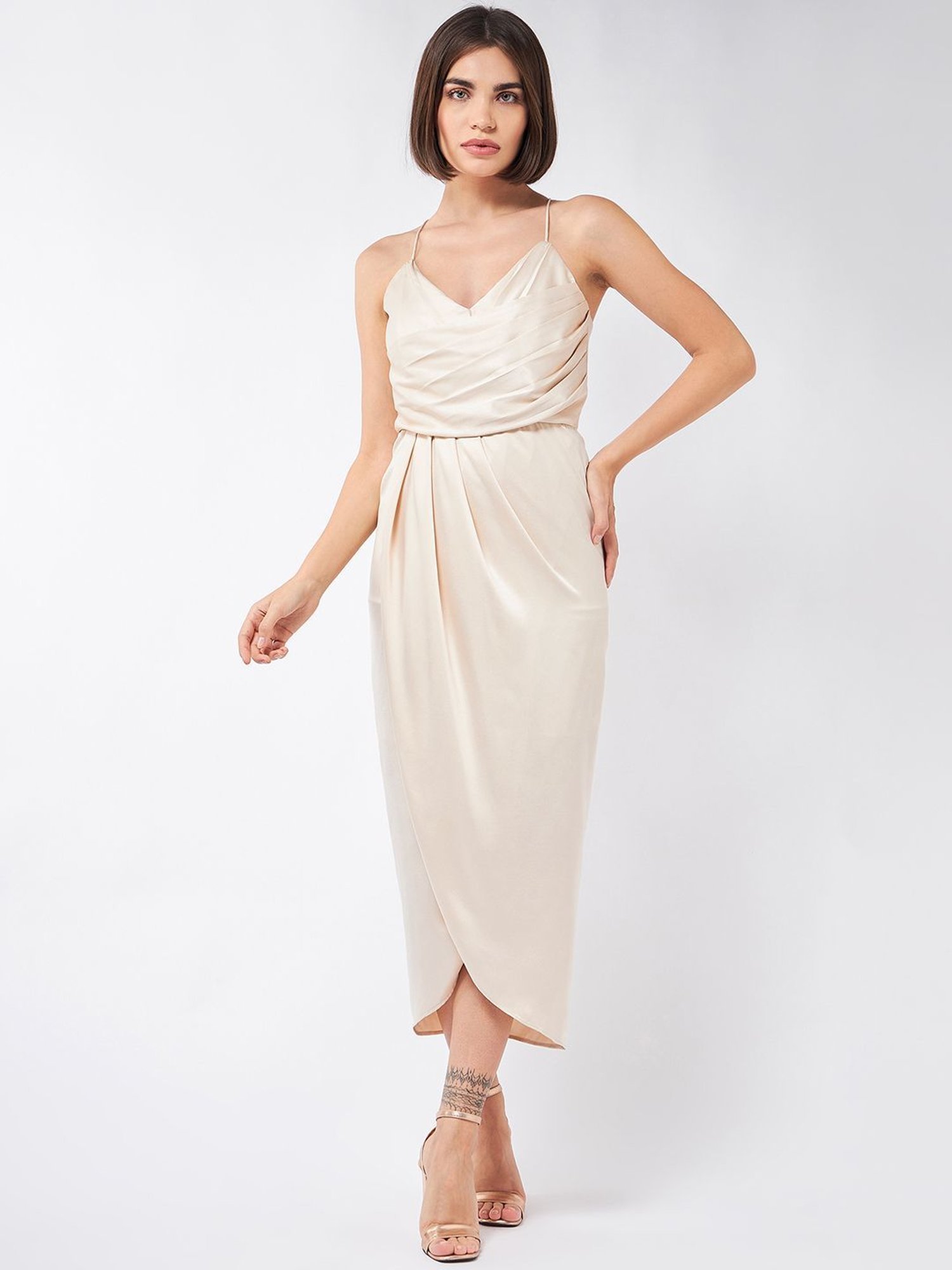 Magre Beige Regular Fit High Low Dress