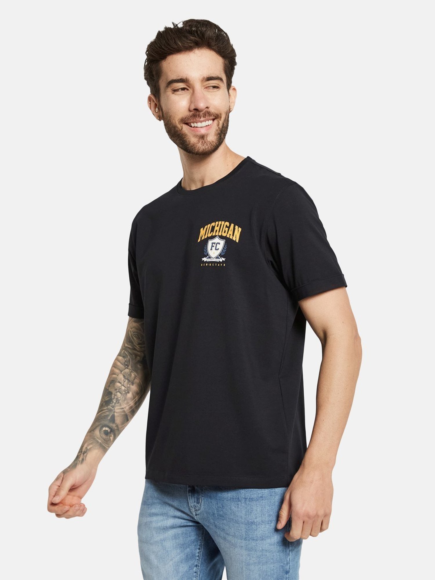 Octave Dark Navy Cotton Regular Fit Printed T-Shirt