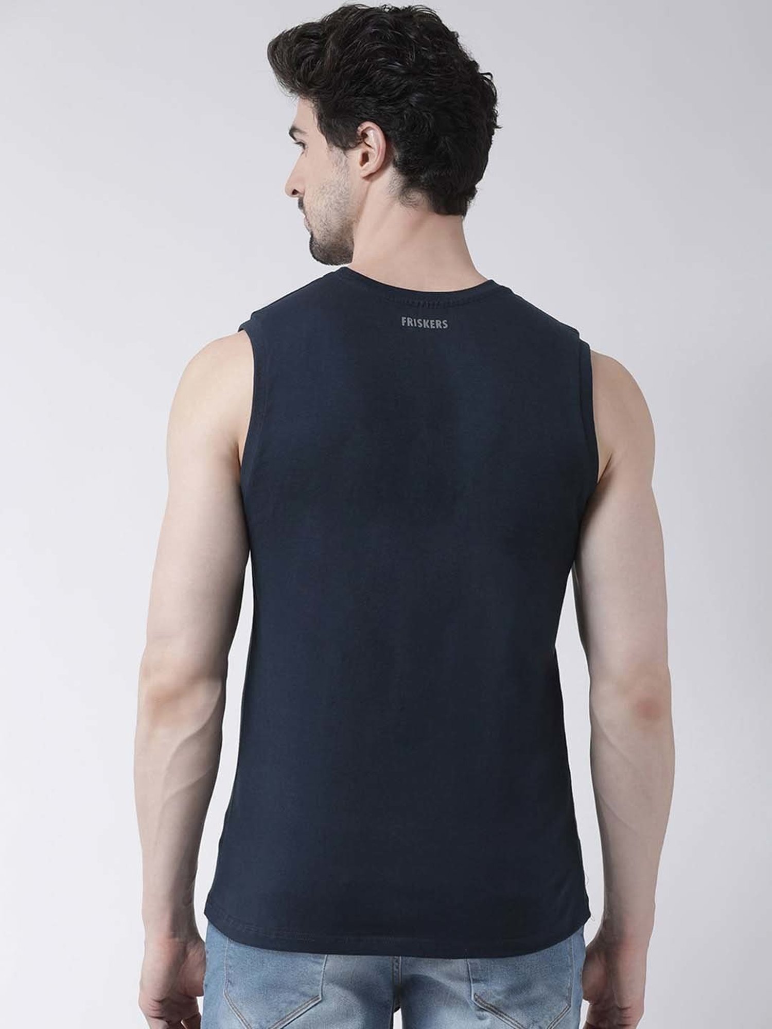 Friskers Navy Slim Fit Sleeveless T-Shirt