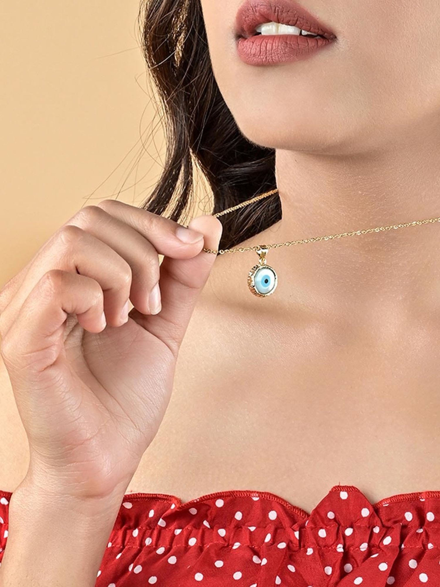 Curio Cottage The Textured Ring Aroud Gold-Plated Evil Eye Pendant with Chain