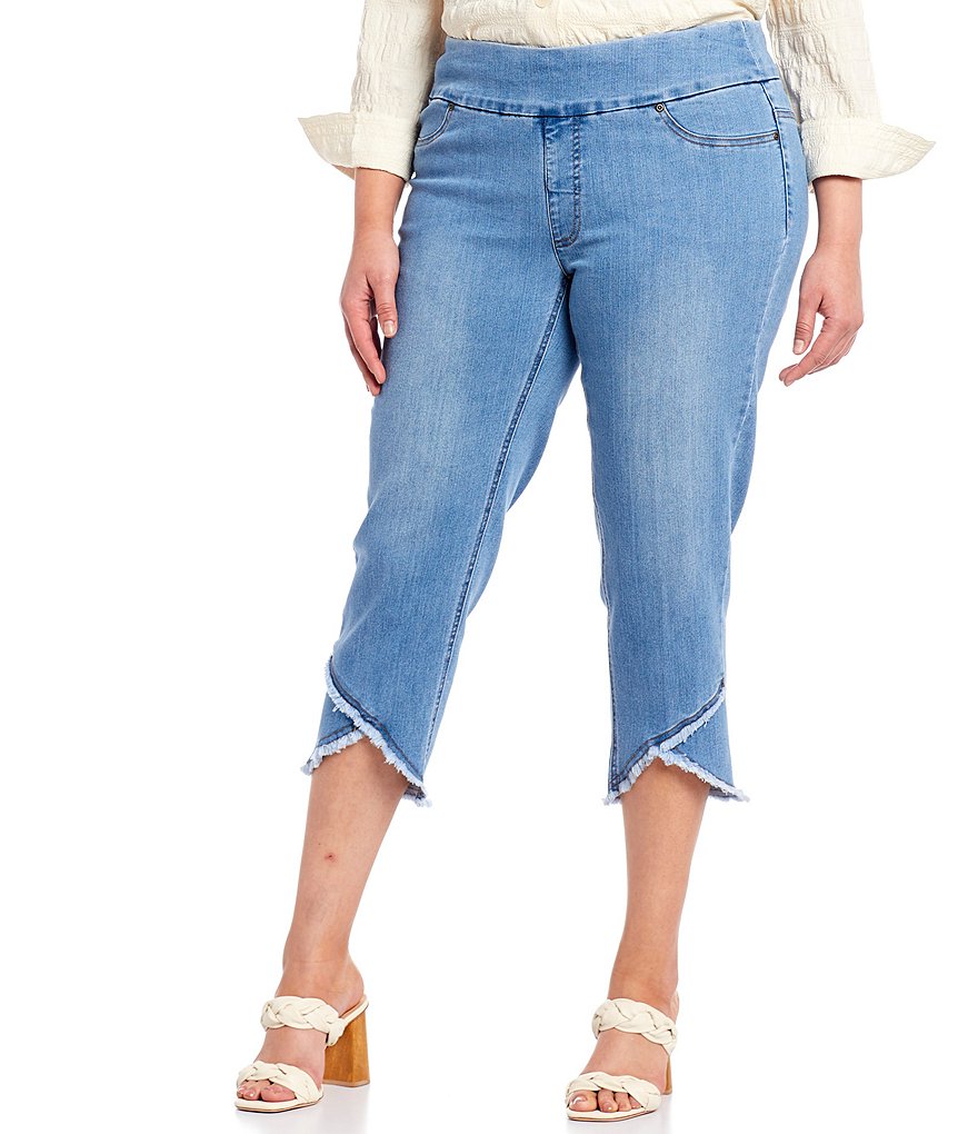 Multiples Plus Size Wide Waistband Pull-On Fringed Lapped Hem Crop Pants