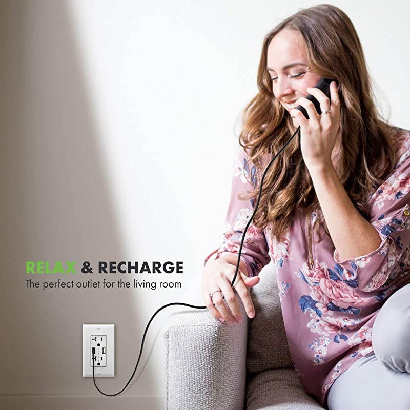 4.8A High Speed USB Outlet Wall Charger, 24W, 20A TR Receptacle Compatible with iPhone XS/MAX/XR/X/8/7/6, iPad, also LG, HTC, Samsung Galaxy S9/S8/S7/S6 and more, TU22048A-W, White