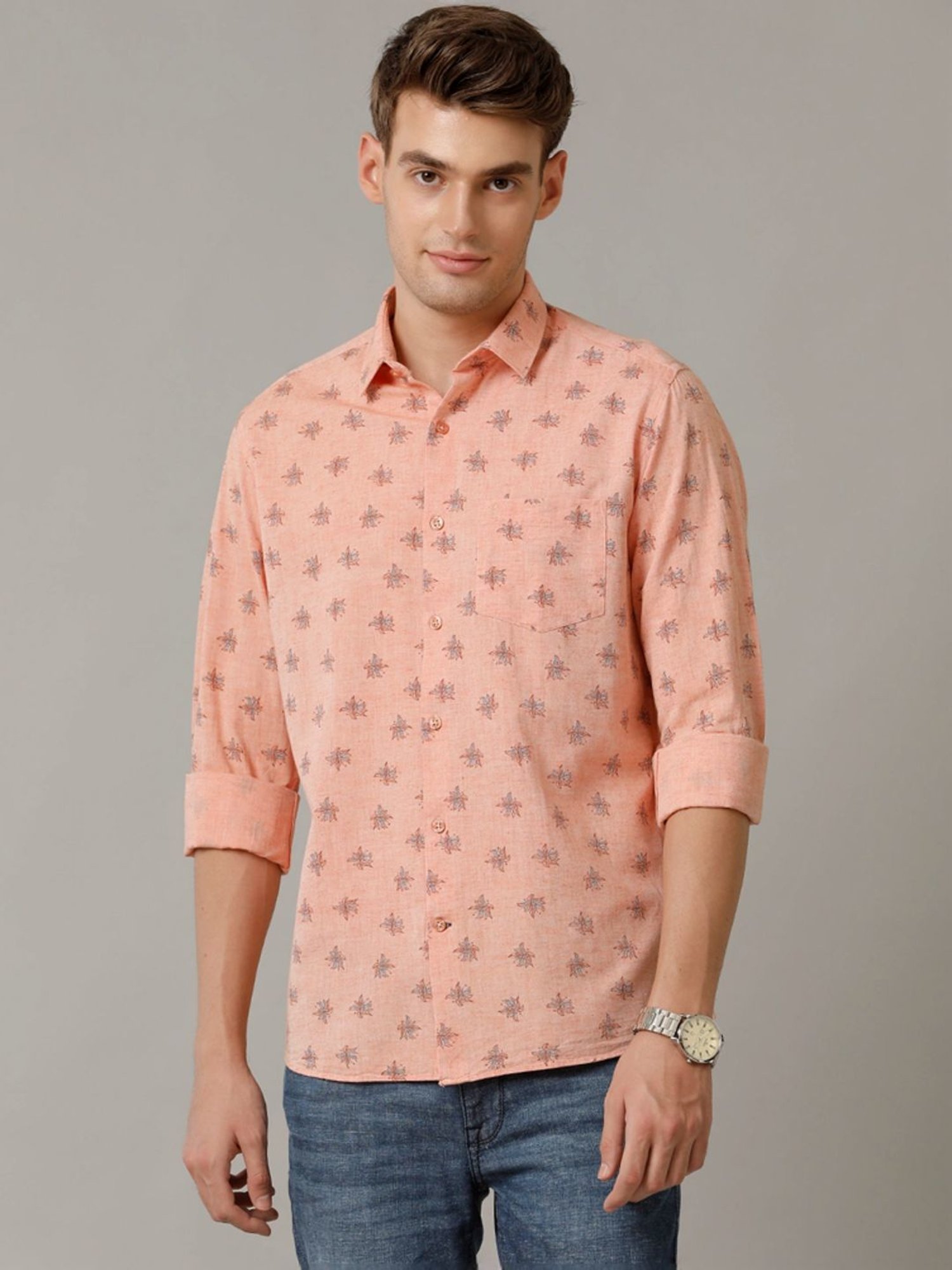 Cavallo By Linen Club Orange Linen Contemporary Fit Printed Shirt