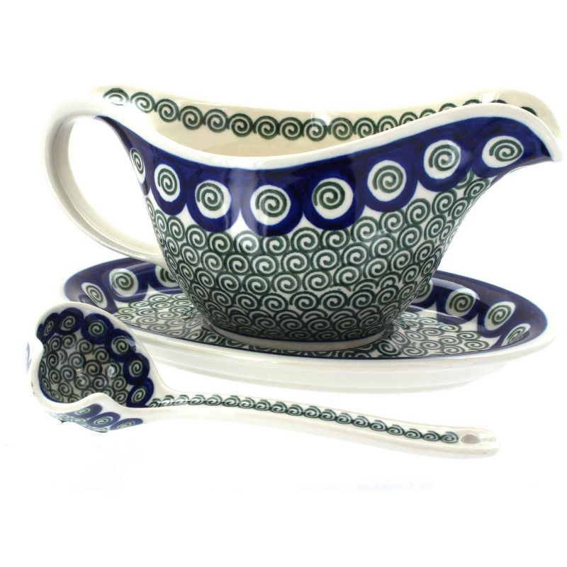 Blue Rose Polish Pottery Peacock Swirl Gravy Boat & Ladle