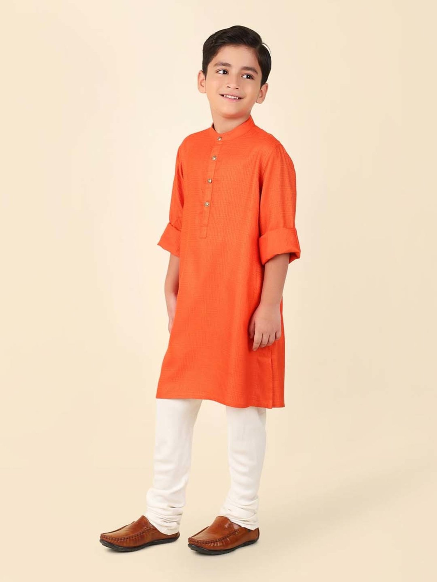 Fabindia Kids Orange Textured Pattern Full Sleeves Kurta