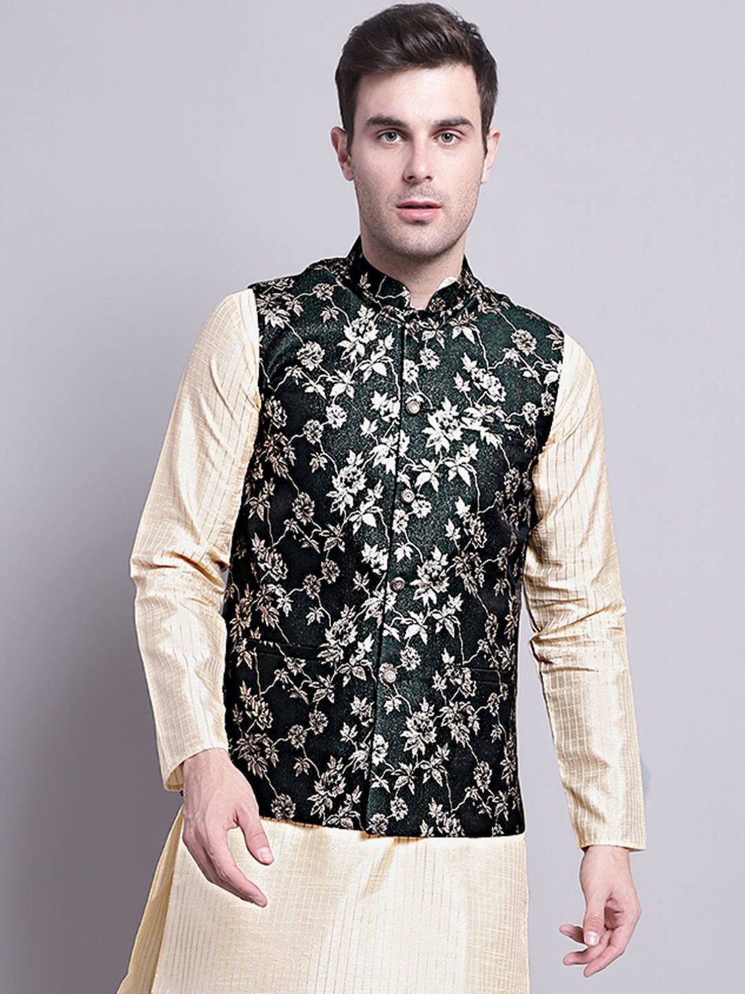 Jompers Dark Olive Regular Fit Printed Nehru Jacket