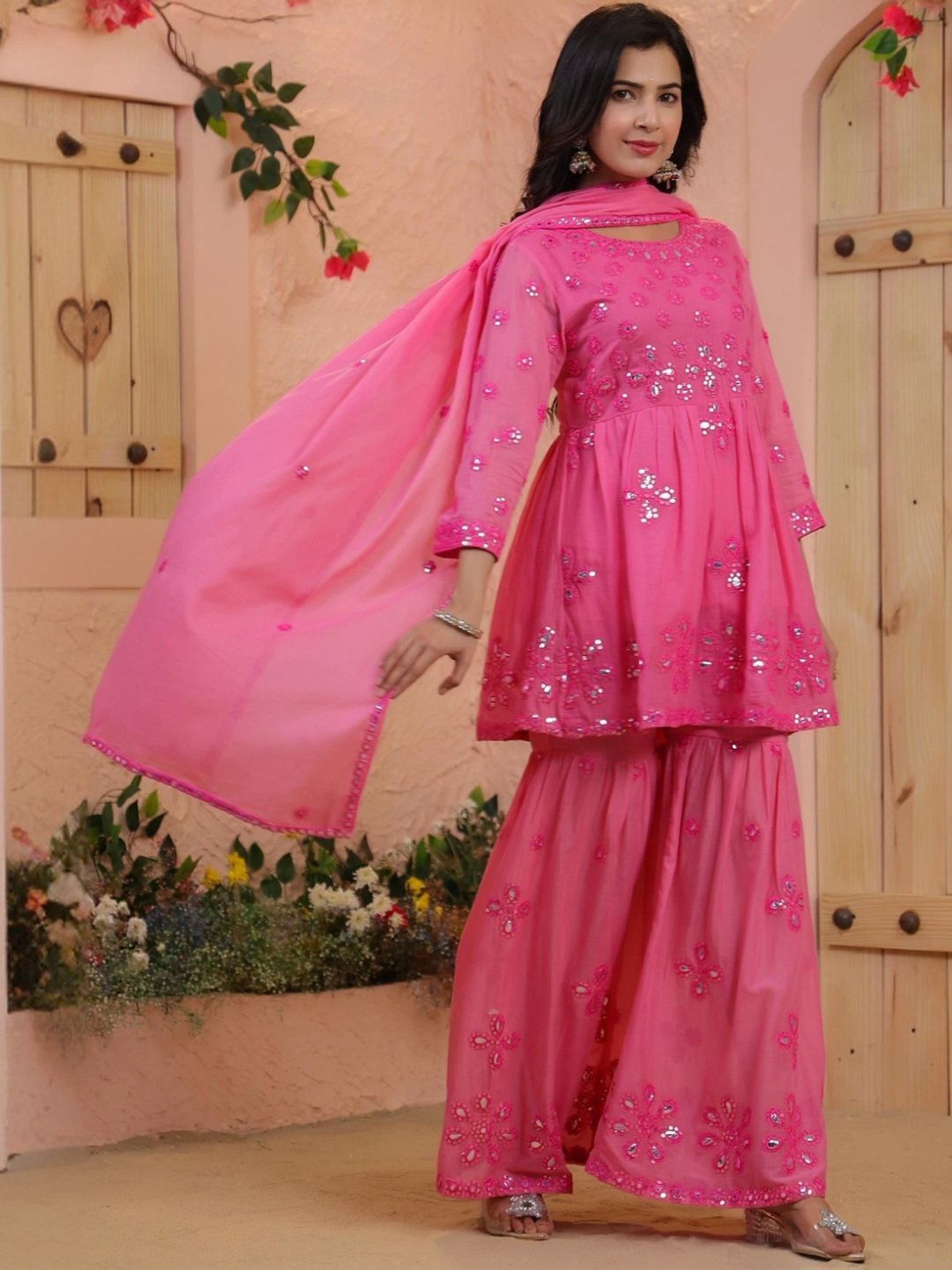 Scakhi Coral Mulmul Mirror & Sequin Embroidered Peplum Kurta with Sharara and Dupatta