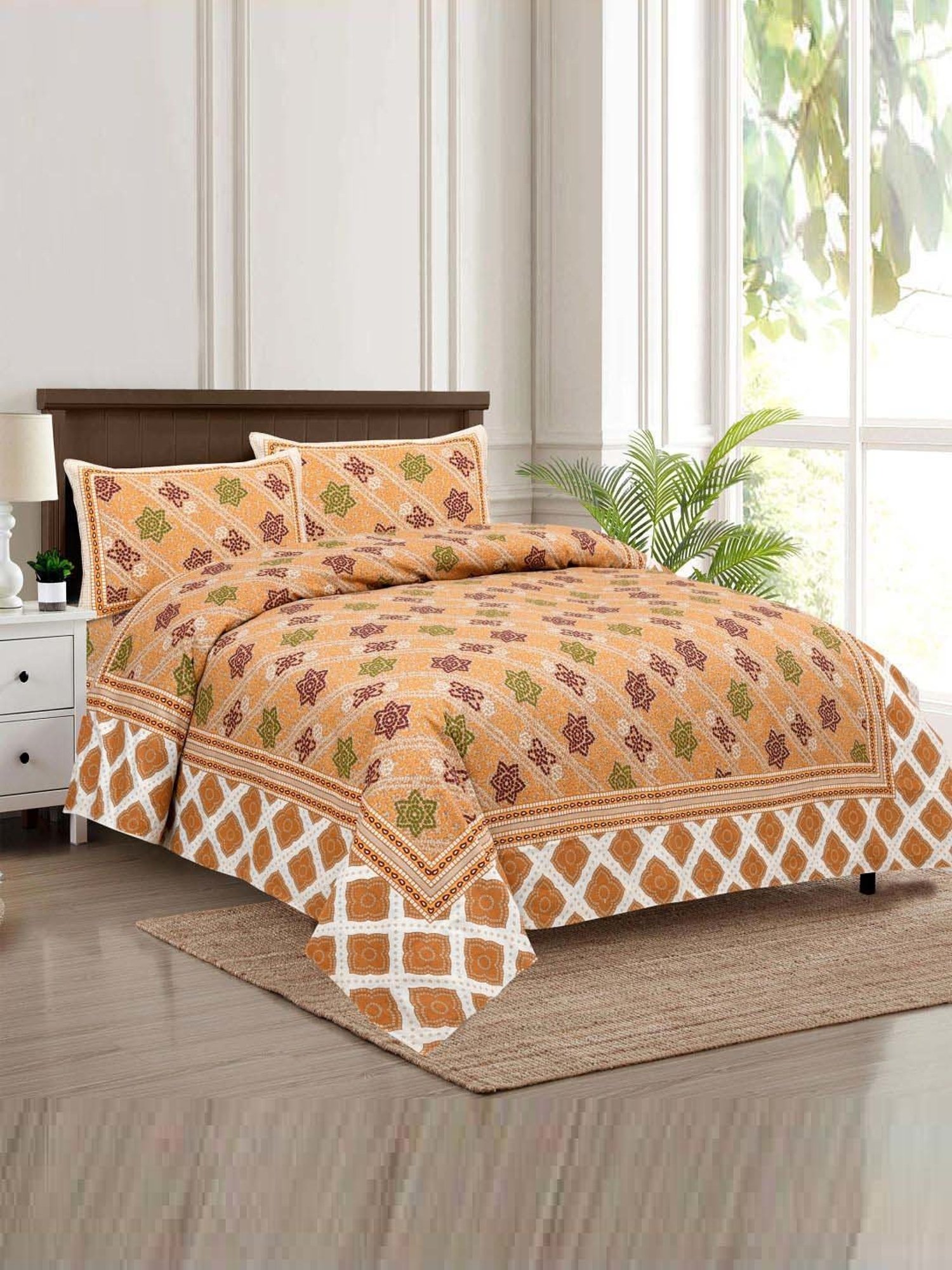 JaipurFabric Mustard 180 TC 100% Cotton Beauty Double Bedsheet with 2 Pillow Covers