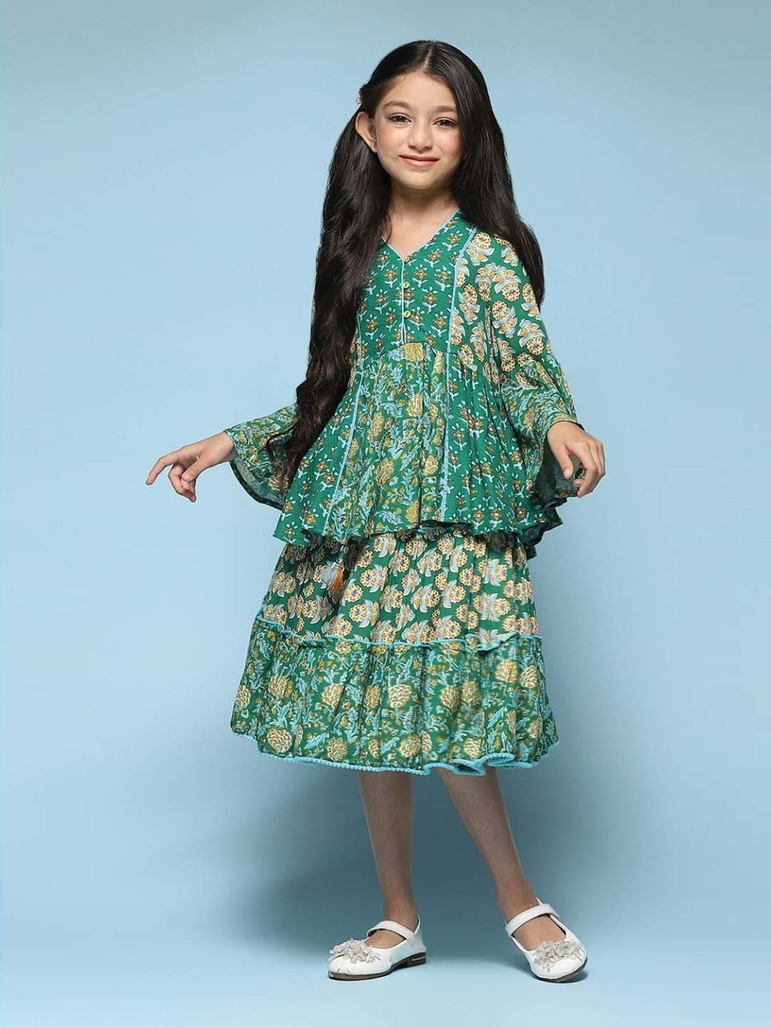 BIBA Girls Kids Green Cotton Printed Skirt
