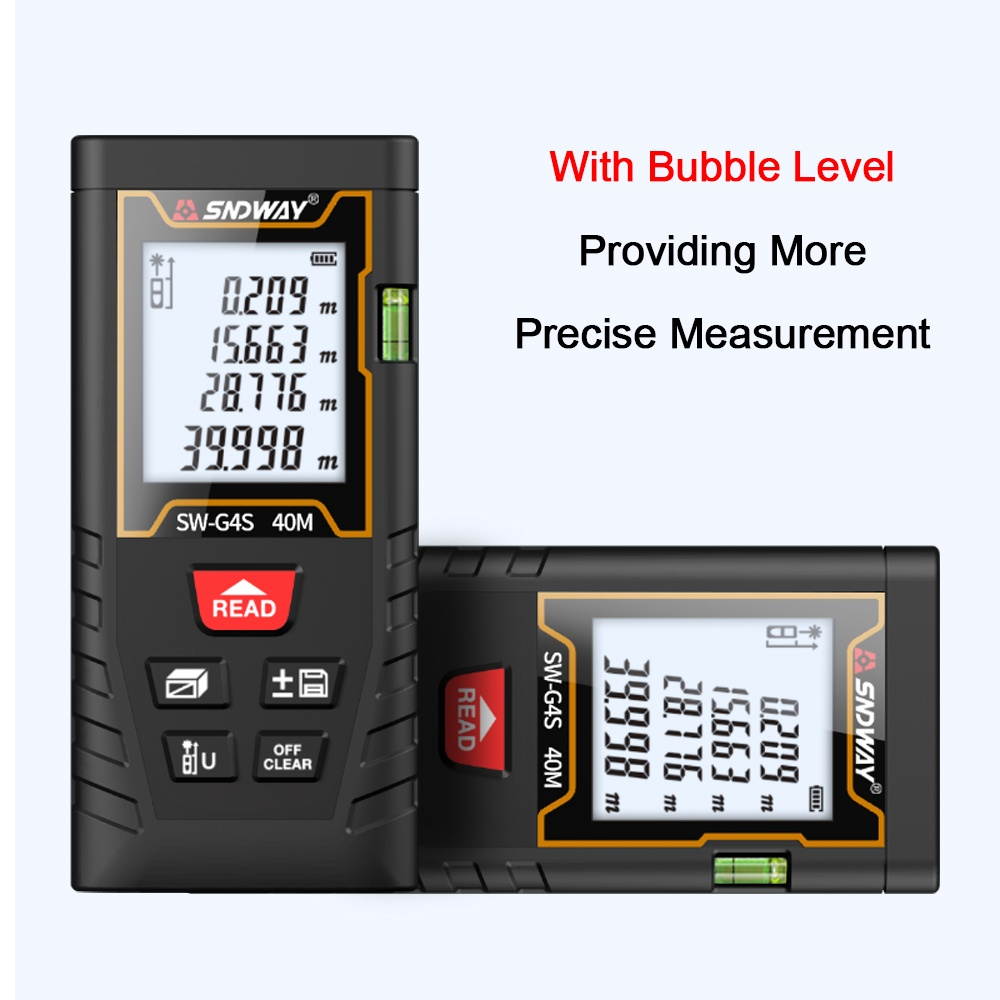 SNDWAY 40 Meters Laser Distance Meter Handheld Rangefinder Digital Mini Distance Measuring Meter Portable Electronic Space Measurement Device with Bubble Level for Length Area Volume