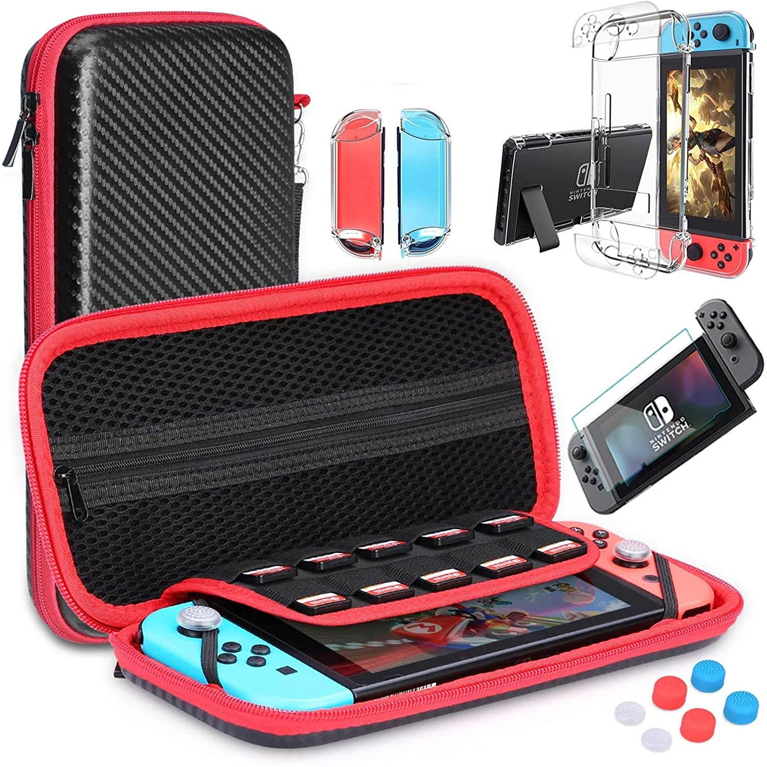 HEYSTOP Switch Carrying Case for Nintendo Switch Case with Screen Protector, 9 in 1 Nintendo Switch Accessories Kit and 6 Pcs Thumb Grip, Nintendo Switch Protective Case