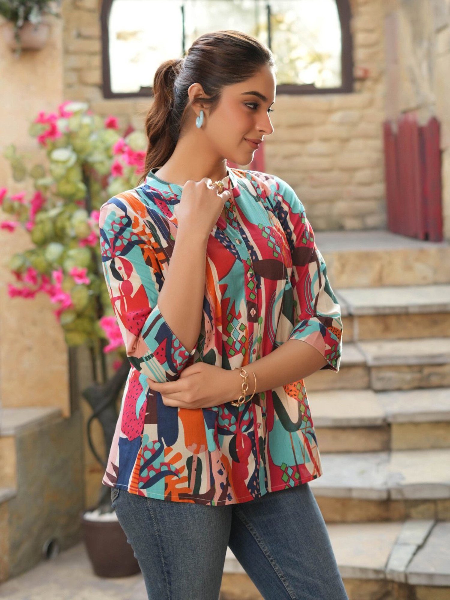 Rain and Rainbow Multicolored Cotton Printed Straight Kurti