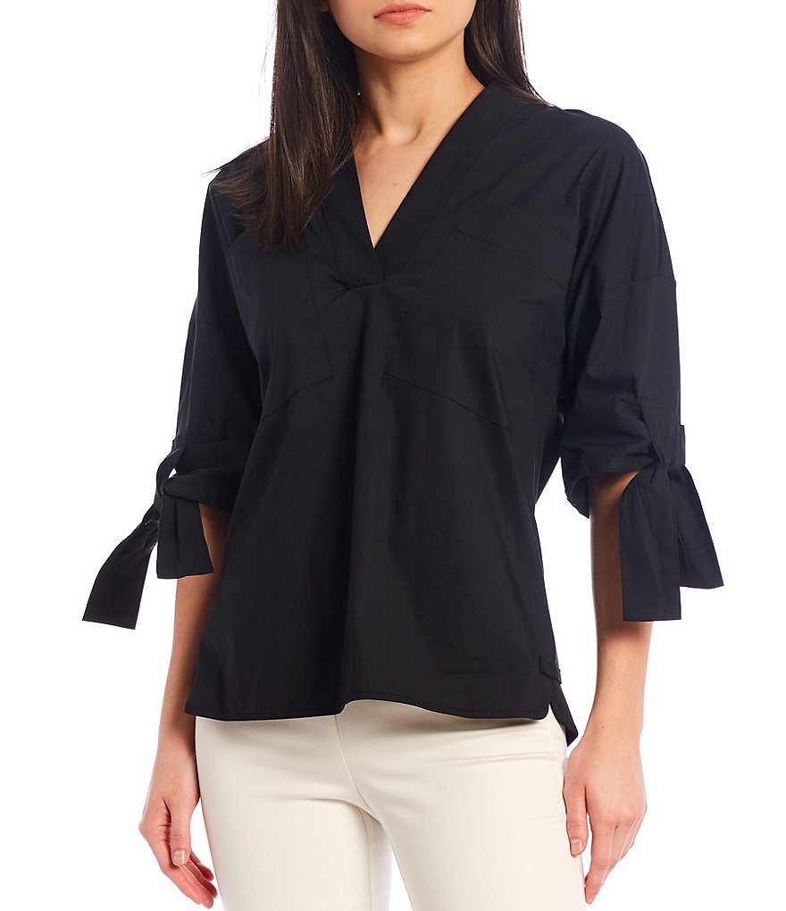 Preston & York Caroline Bow Woven V-Neck 3/4 Sleeve Blouse