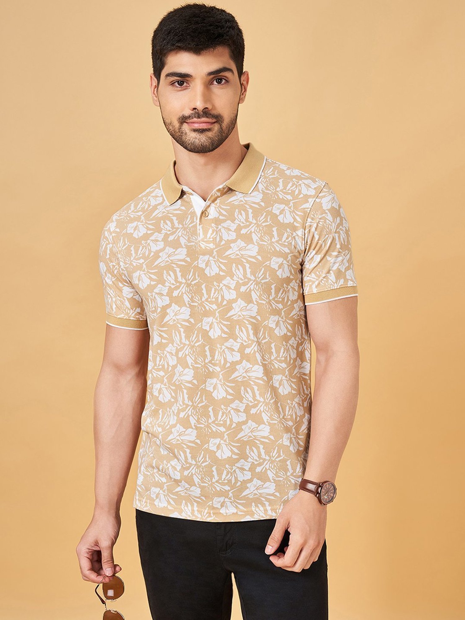 Byford By Pantaloons Peach Slim Fit Printed Polo T-Shirt