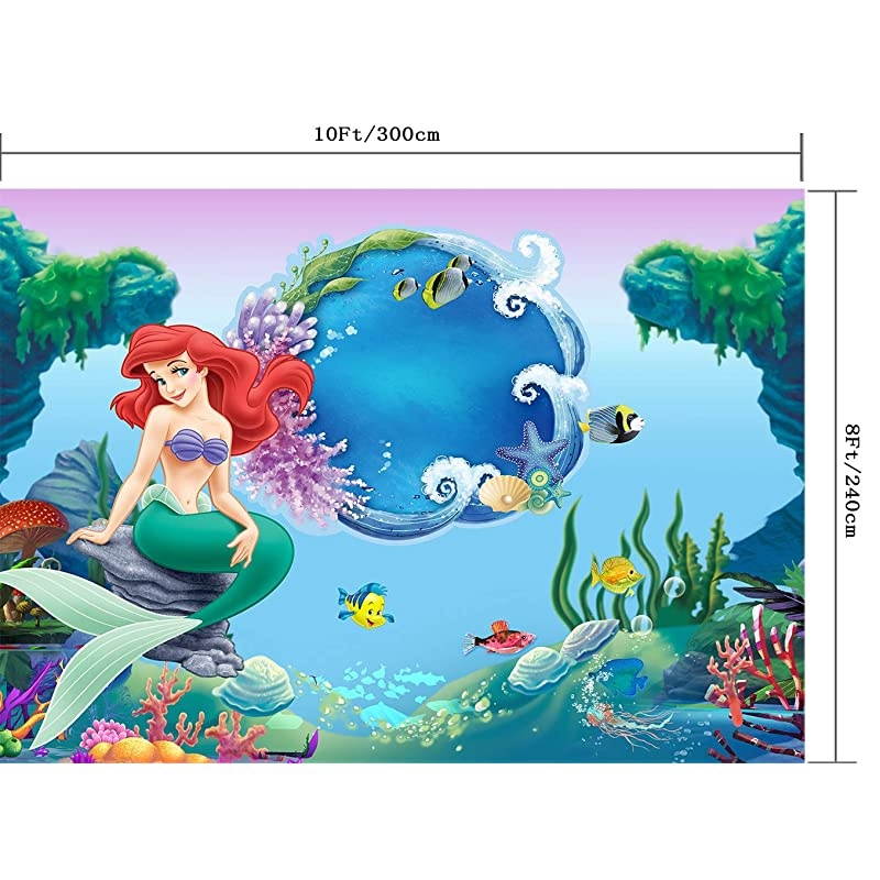 10X8FT Mermaid Princess Backdrop Underwater World Colored Fish Seashell Photography Background Themed Banner Baby Girl Party Photo Booth YouTube Backdrop SCO43C