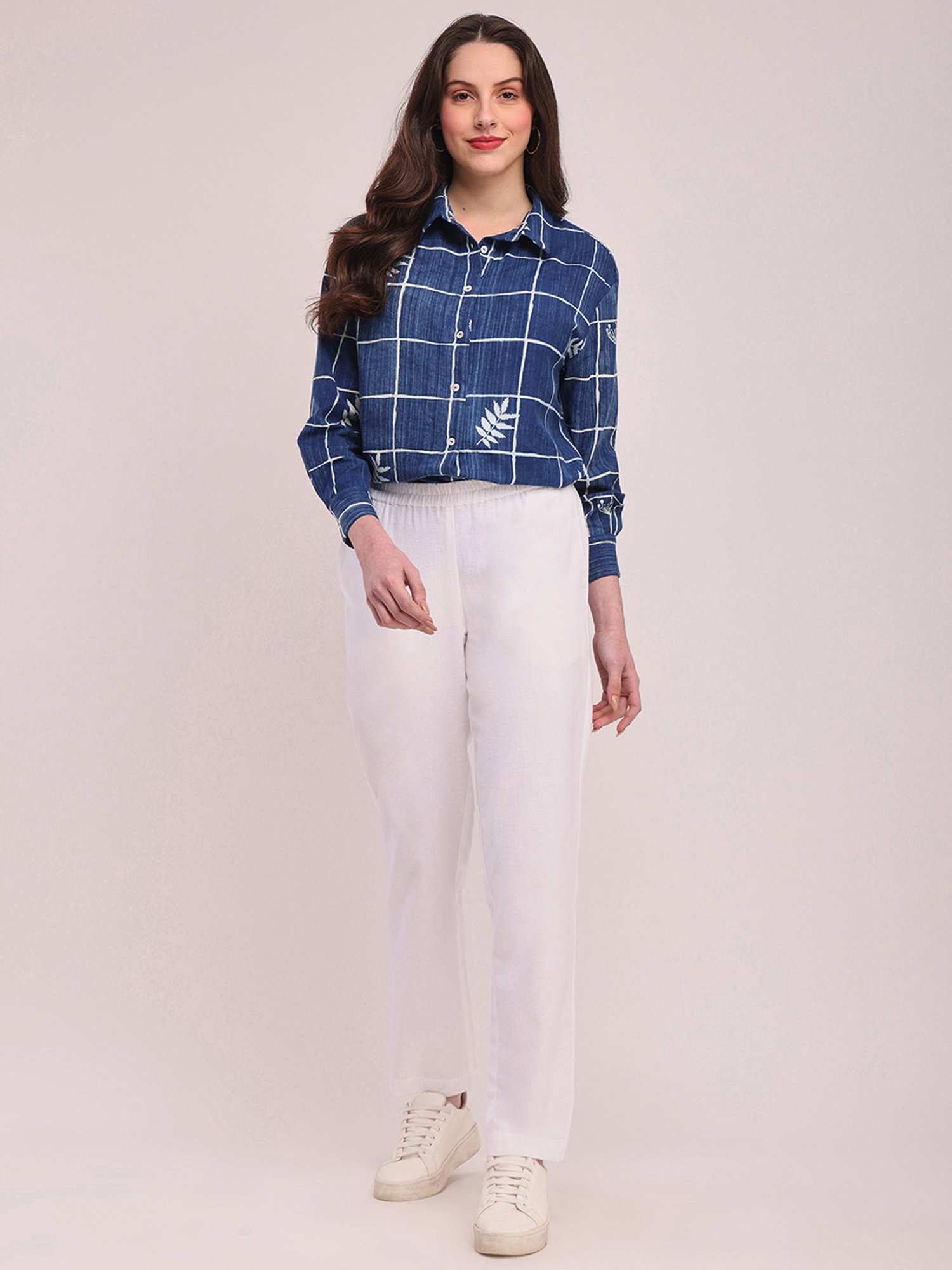Pink Fort White Cotton Relaxed Fit Pants