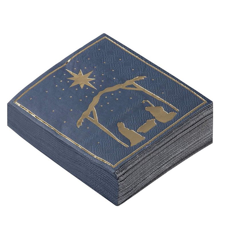 Juvale 50-Pack Blue Christmas Nativity of Jesus in Gold Foil Disposable Paper Cocktail Party Napkins