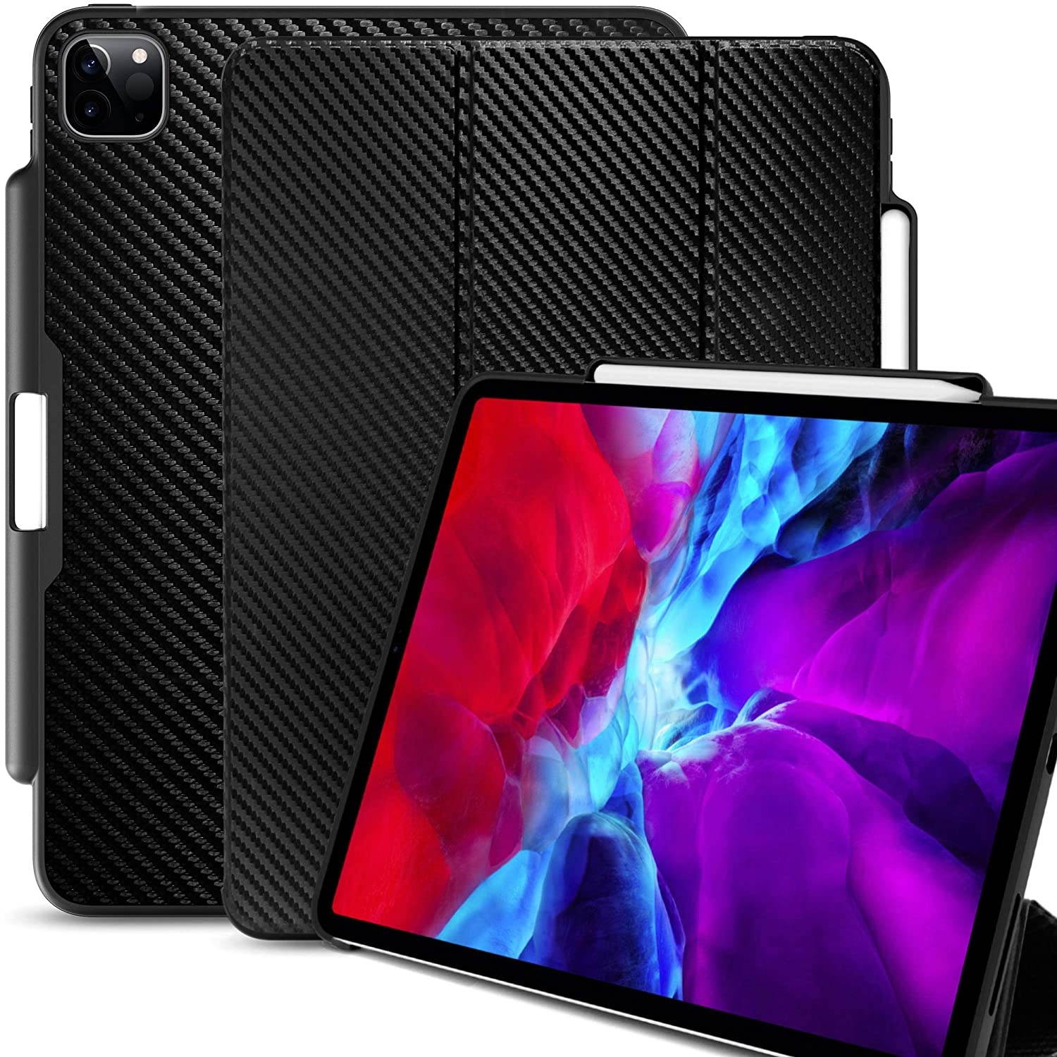 KHOMO iPad Case Pro 11 Case 2nd Generation 2020 with Pencil Holder - Dual Series - Supports Apple Pen Charging - Carbon Fiber, KHO-1679
