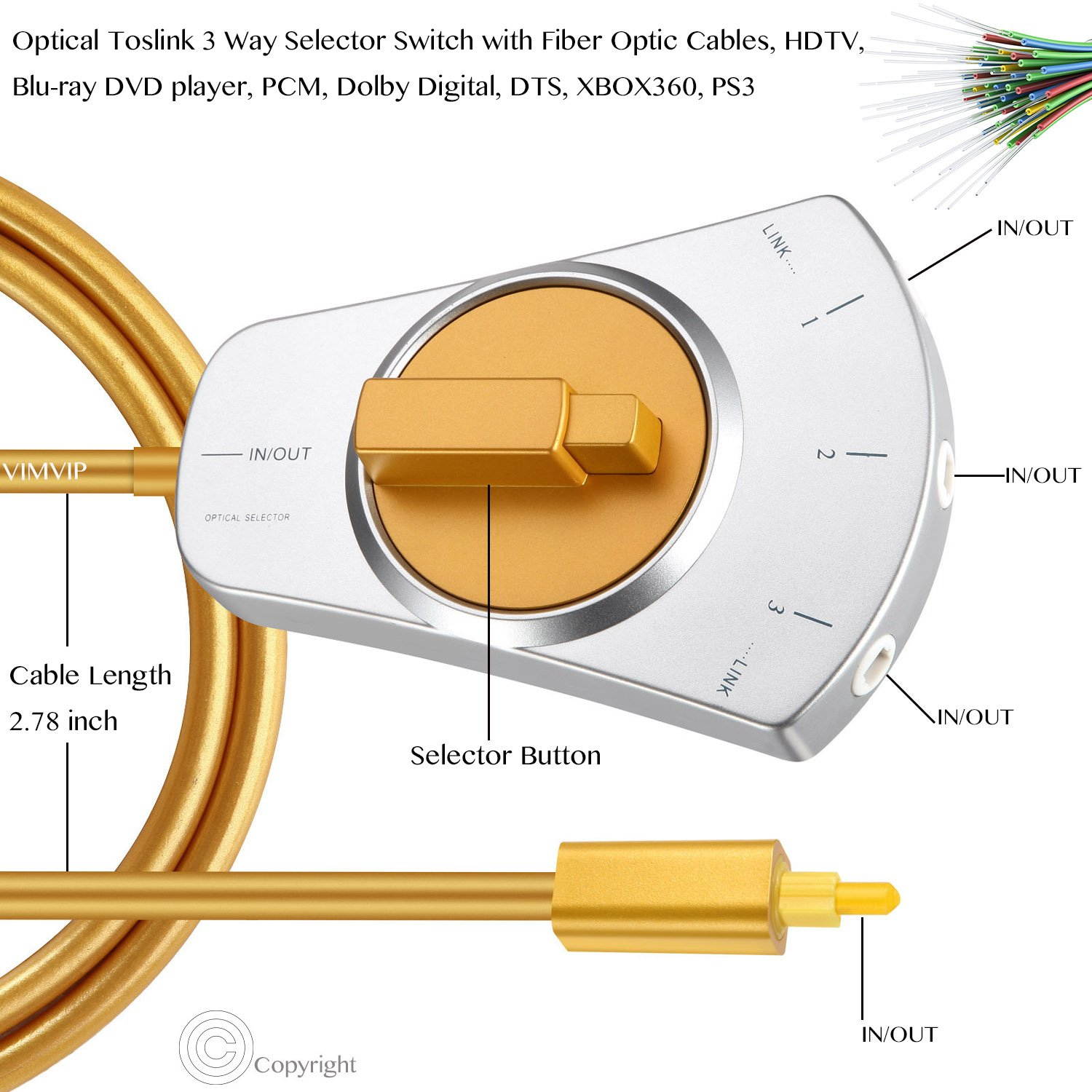 Digital Toslink Fiber Audio 1 to 3 In/out Optical Splitter Adapter