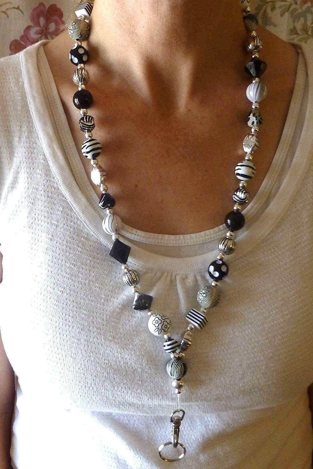 Hidden Hollow Beads Women's Fashion Lanyard and Badge holder 34" Lanyard (Chunky Black and White Non Breakaway)