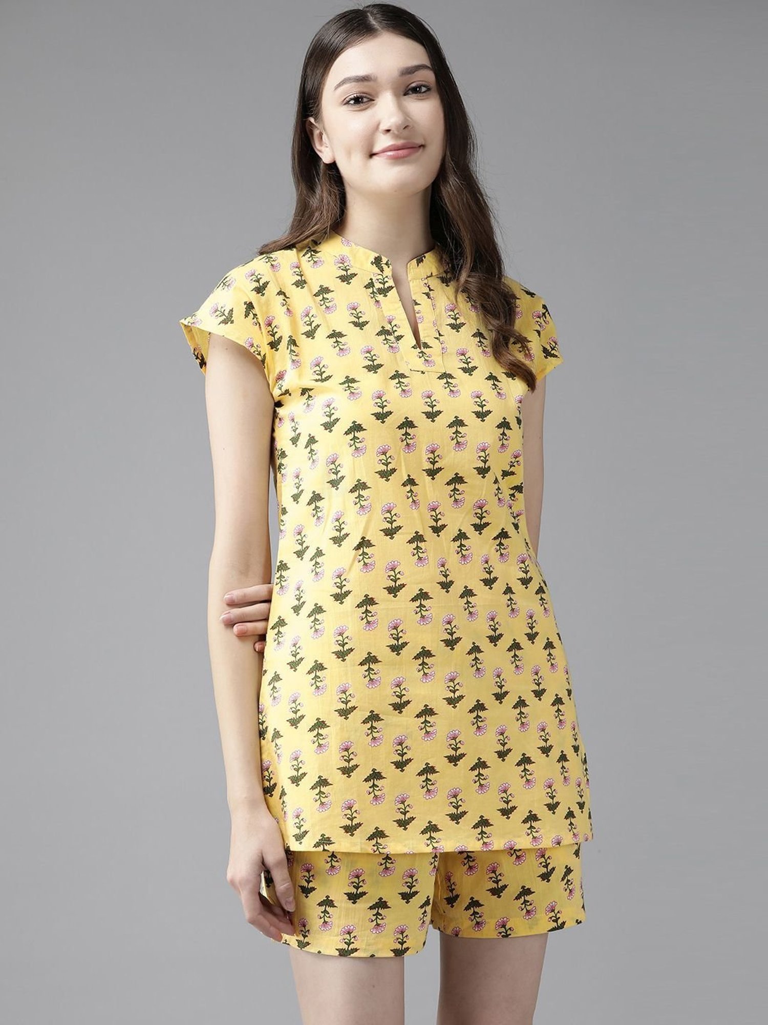 Prakrti Yellow Cotton Printed Top Shorts Set