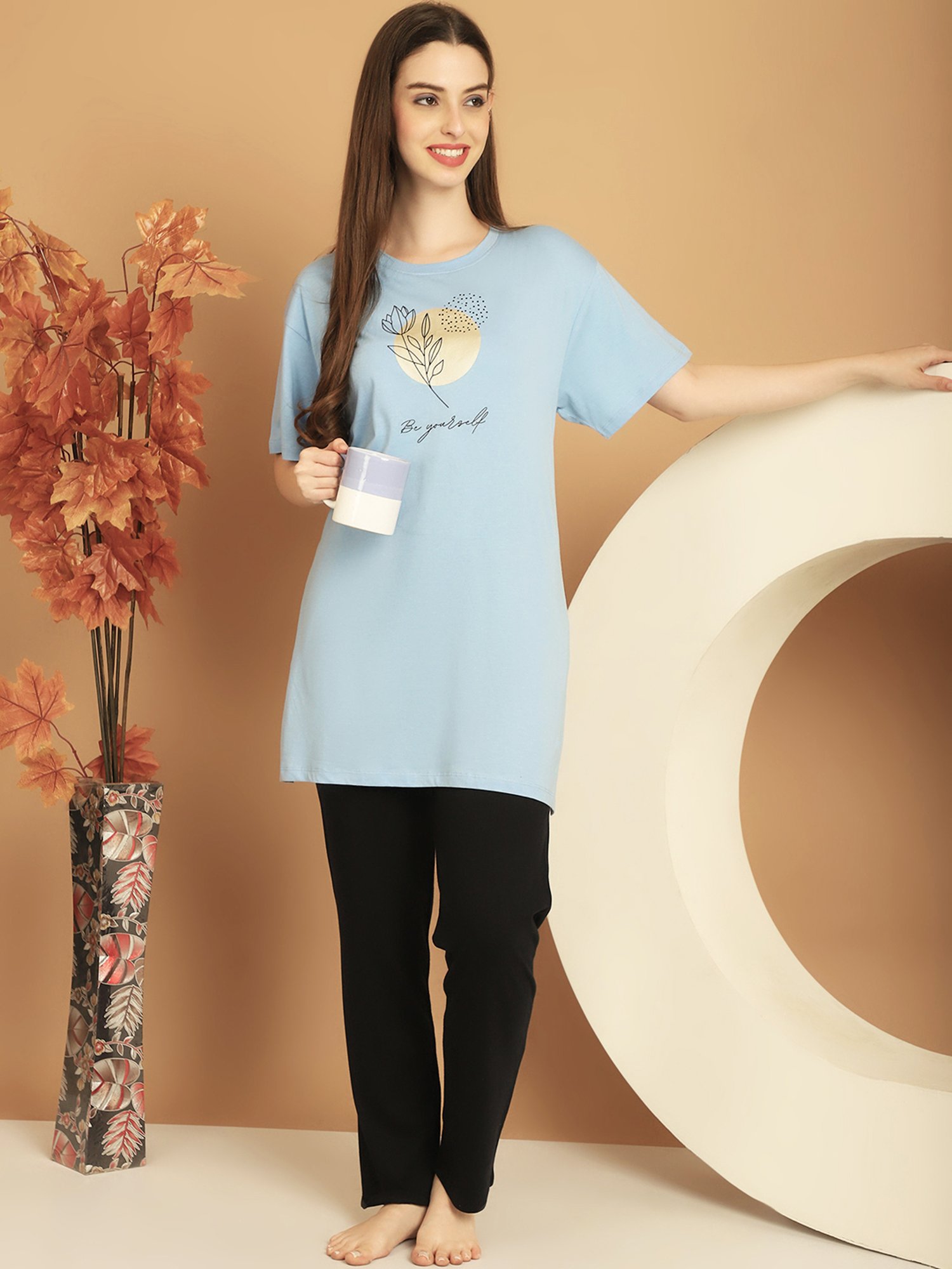 Kanvin Blue Cotton Printed T-Shirt
