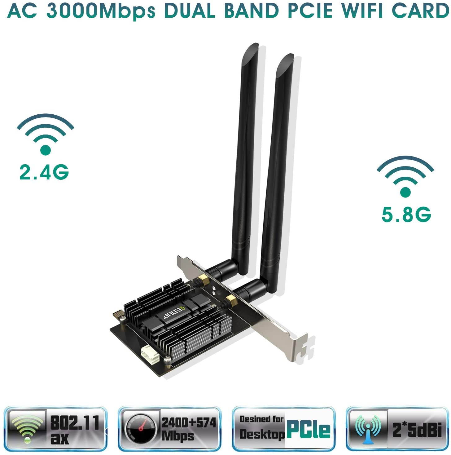 WiFi 6 Card AX 3000Mbps PCIe Network Card AX200 802.11AX 2.4Ghz/5.8Ghz with Bluetooth 5.0 & Heat Sink Wireless PCI Express Wi-Fi Adapters Dual Band Antenna for Windows 10 64-bit