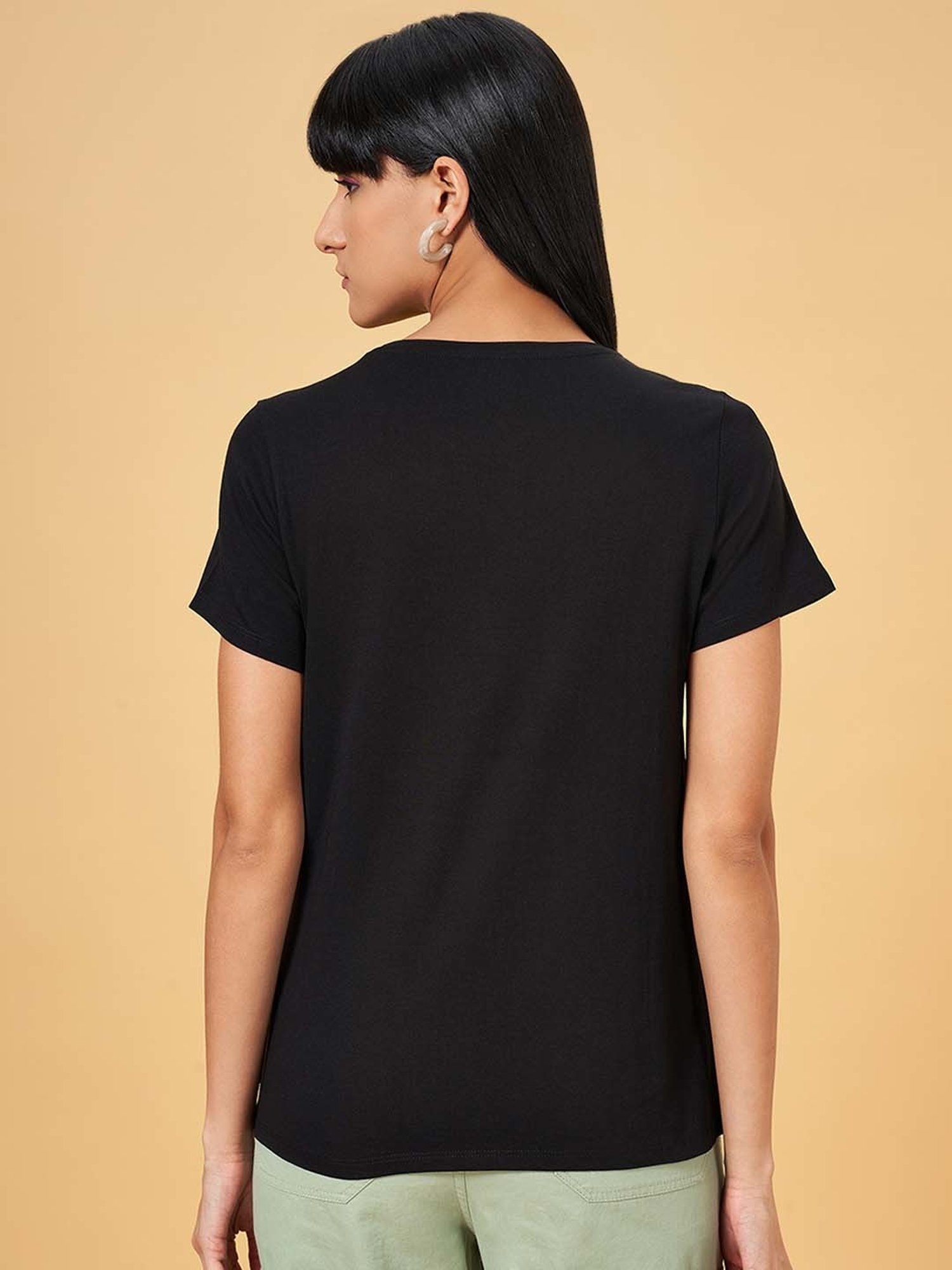 People by Pantaloons Jet Black Cotton Printed T-Shirt