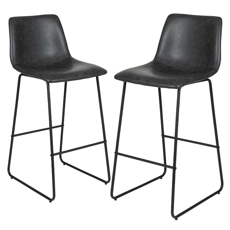 Merrick Lane 30 inch Faux Leather Bar Height Bucket Seat Stools in Dark Gray, Set of 2