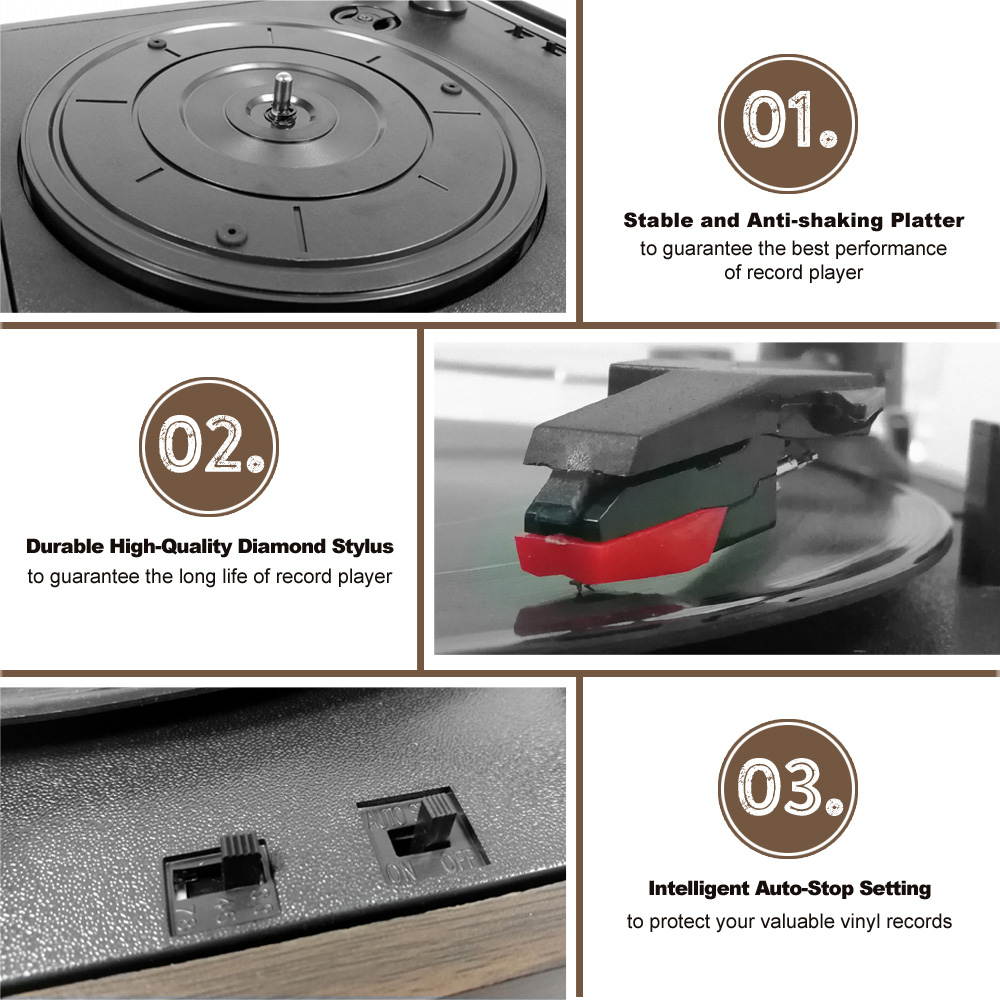 LP&No.1 Vintage Vinyl Record Player with Stereo Speakers,3 Speed Turntable, Light Brown