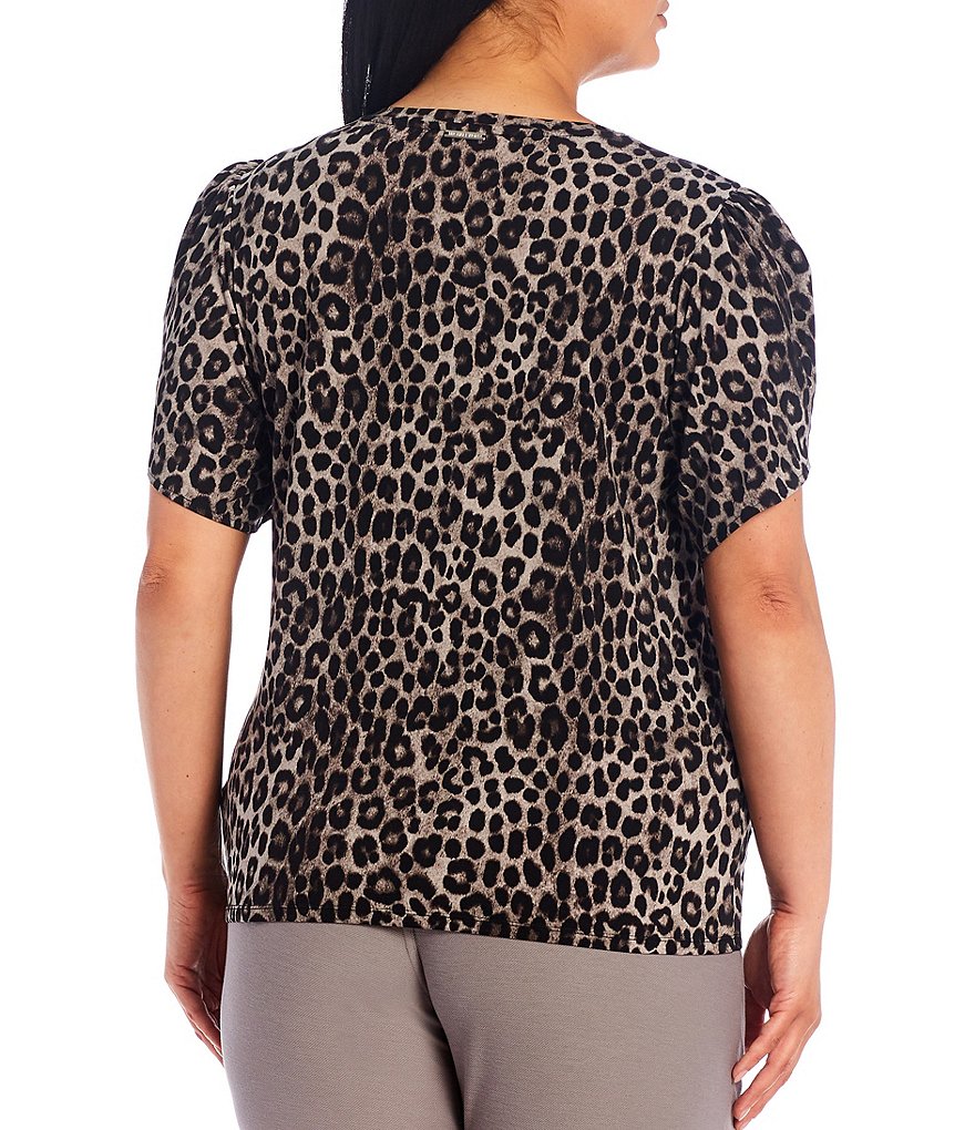 MICHAEL Michael Kors Plus Size Cheetah Print Lux Matte Jersey Round Neck Tulip Short Sleeve Top