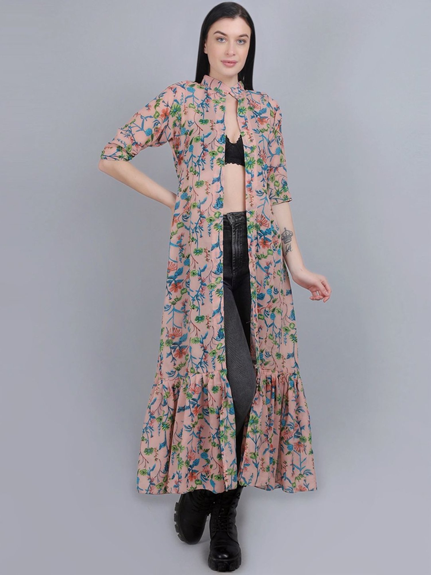 mod & shy Peach Printed Long Shrug