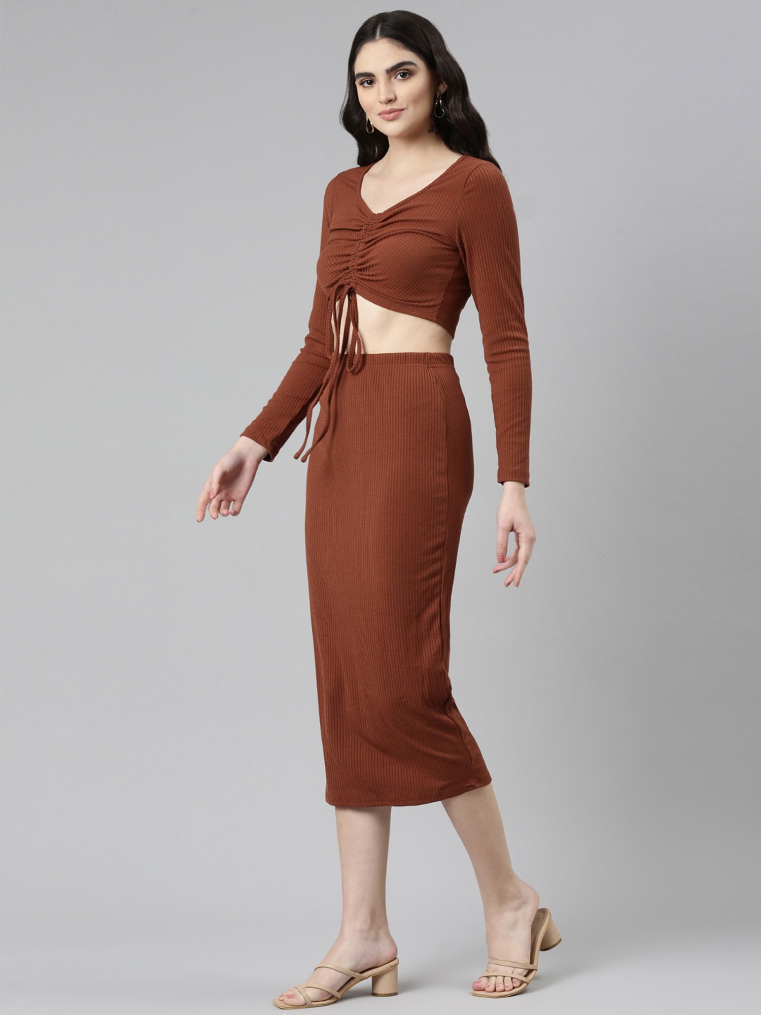 SHOWOFF Brown Acrylic Midi Crop Top With Skirt