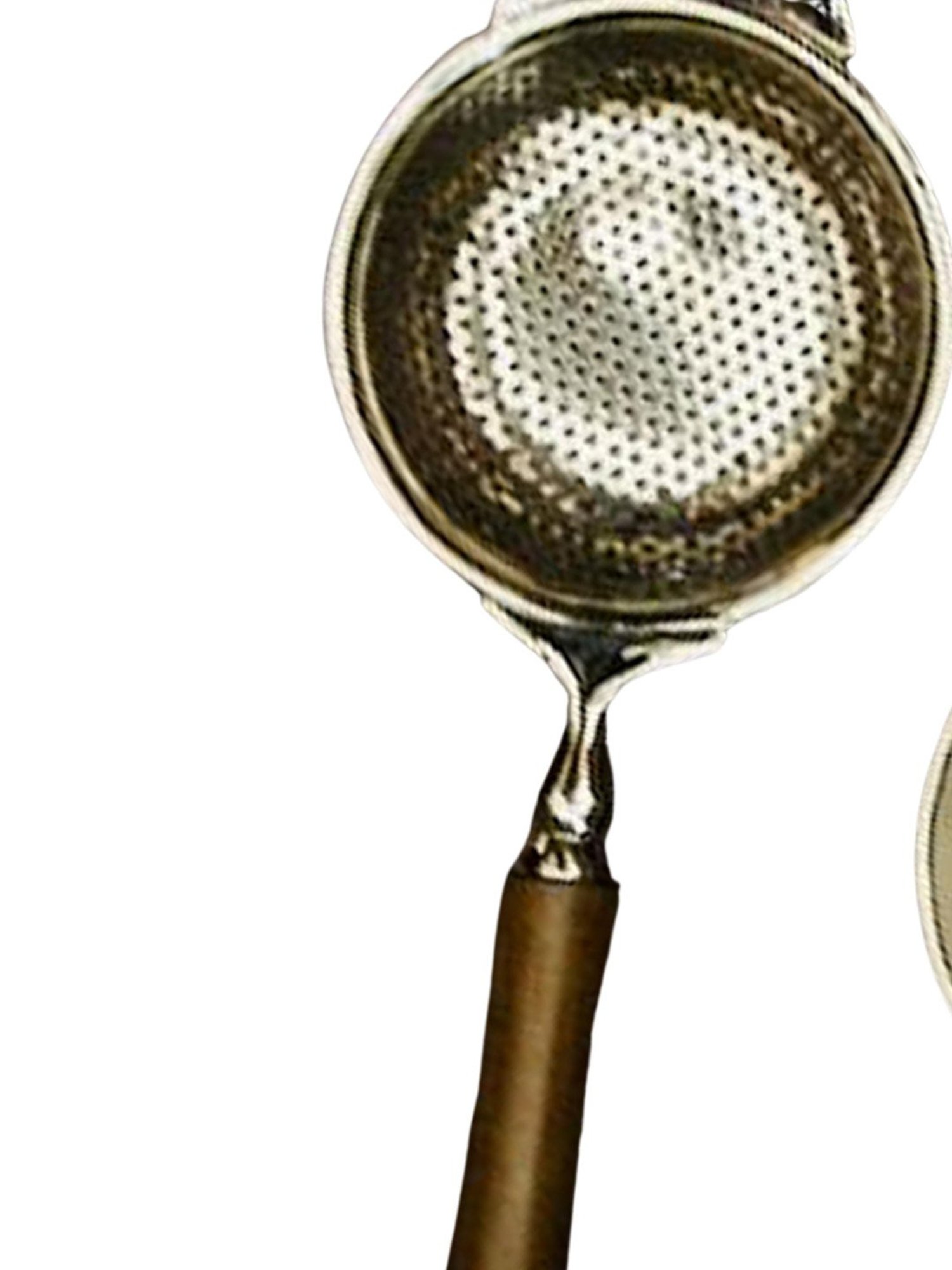 Ambi Matte Finish Brass Medium Sized Tea Strainer Silver 2 Piece Set With Wooden Holder