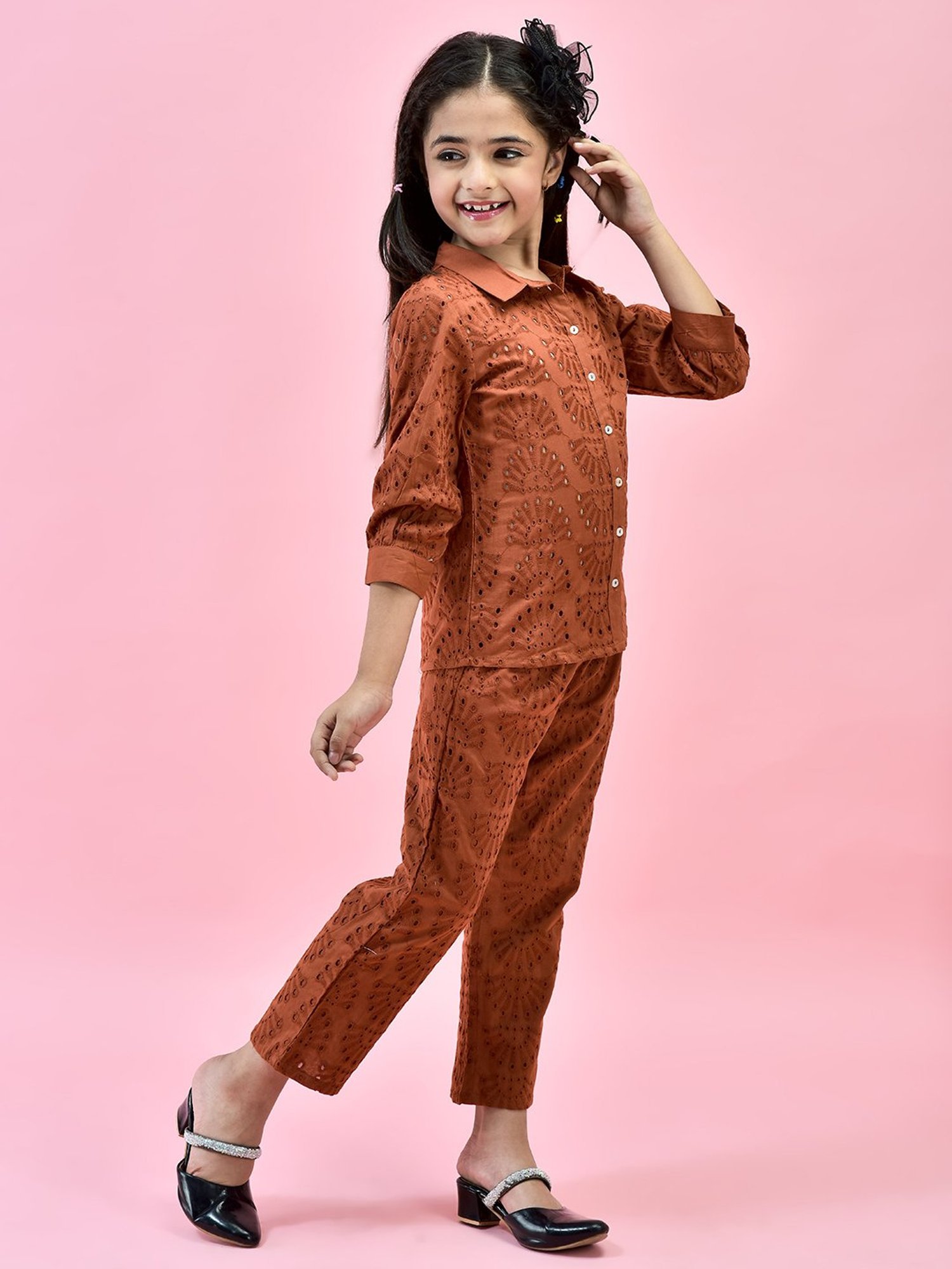 Juniper Girls Rust Self Design Shirt With Pants