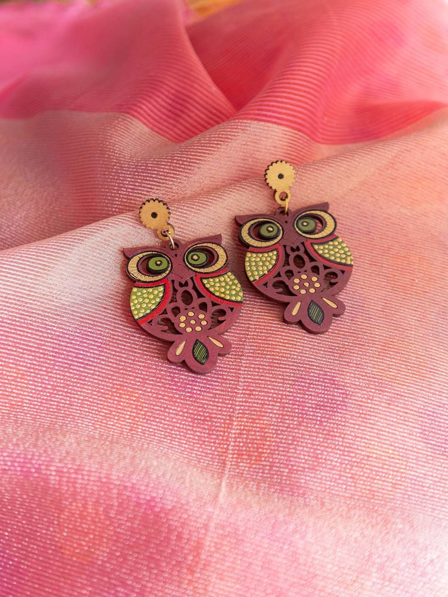 ExclusiveLane 'Symphony of Owls' Brown & Yellow Handpainted Earrings in Recycled Wood