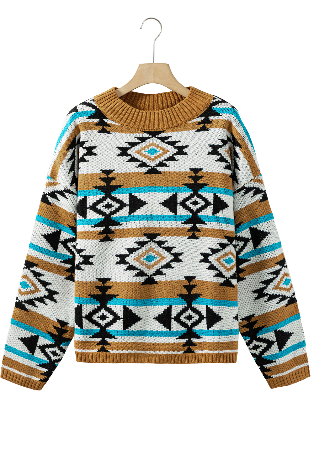 Brown Geometric Striped Knit Ribbed Trim Sweater