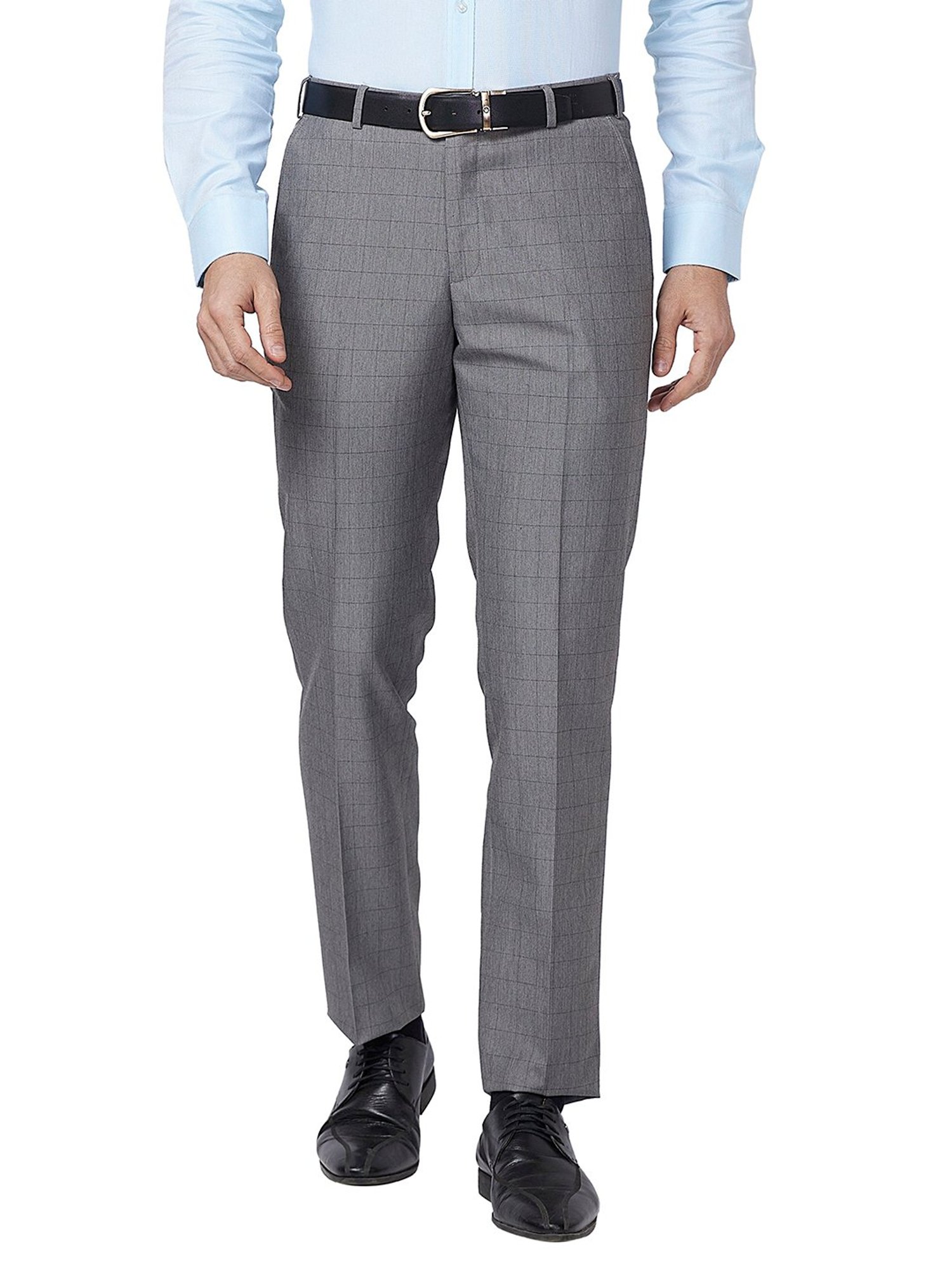 Park Avenue Grey Regular Fit Check Flat Front Trousers